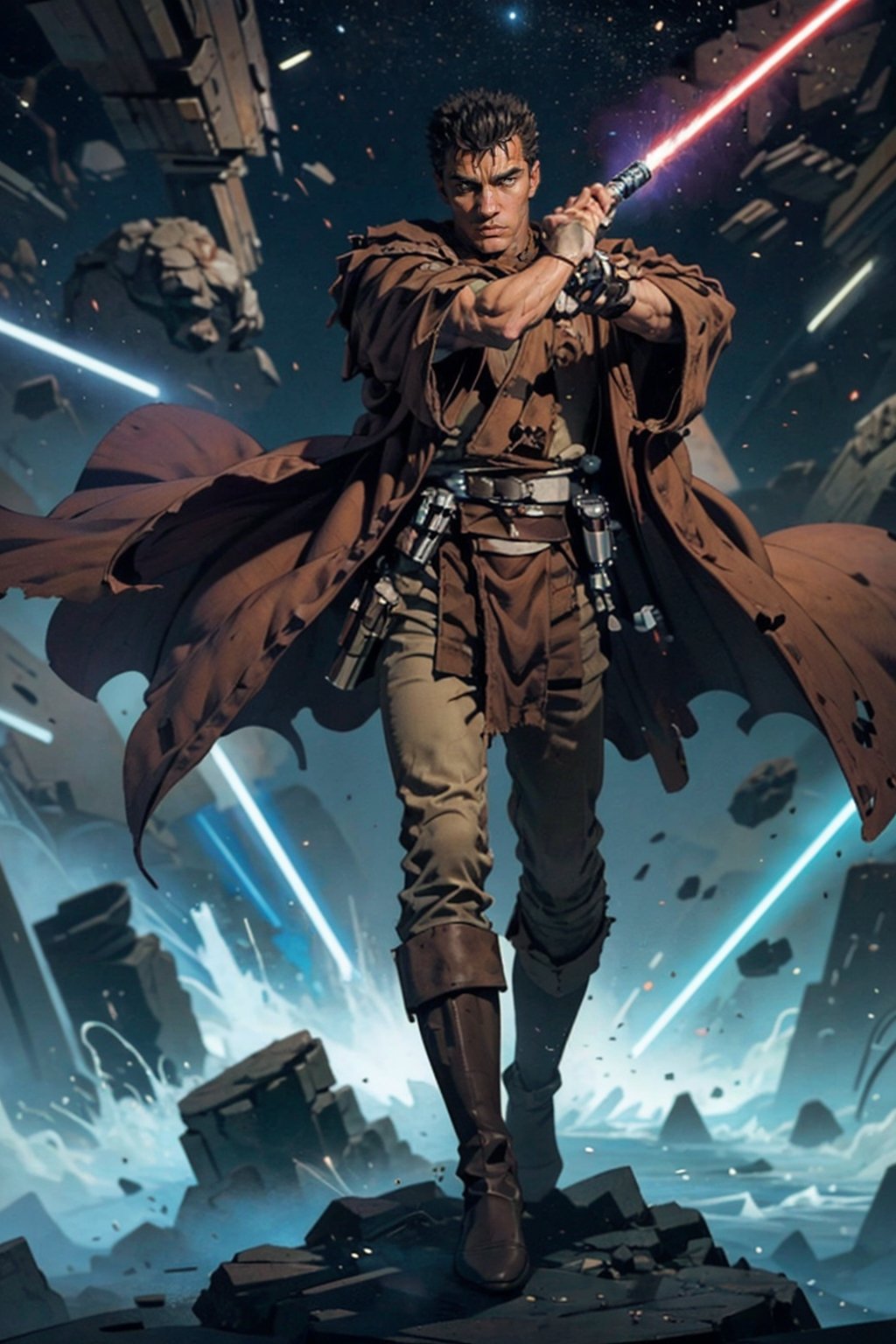 1 man, image of a mature man who looks like "Guts" from Berserk in Jedi robes holding a purple lightsaber in his right hand, mature, 35 years old, short hair, in jedioutfit, torn clothes, correctly wielding a lightsaber, light_saber, black dress, cloth pieces, dynamic pose, on a planet with syscrapers