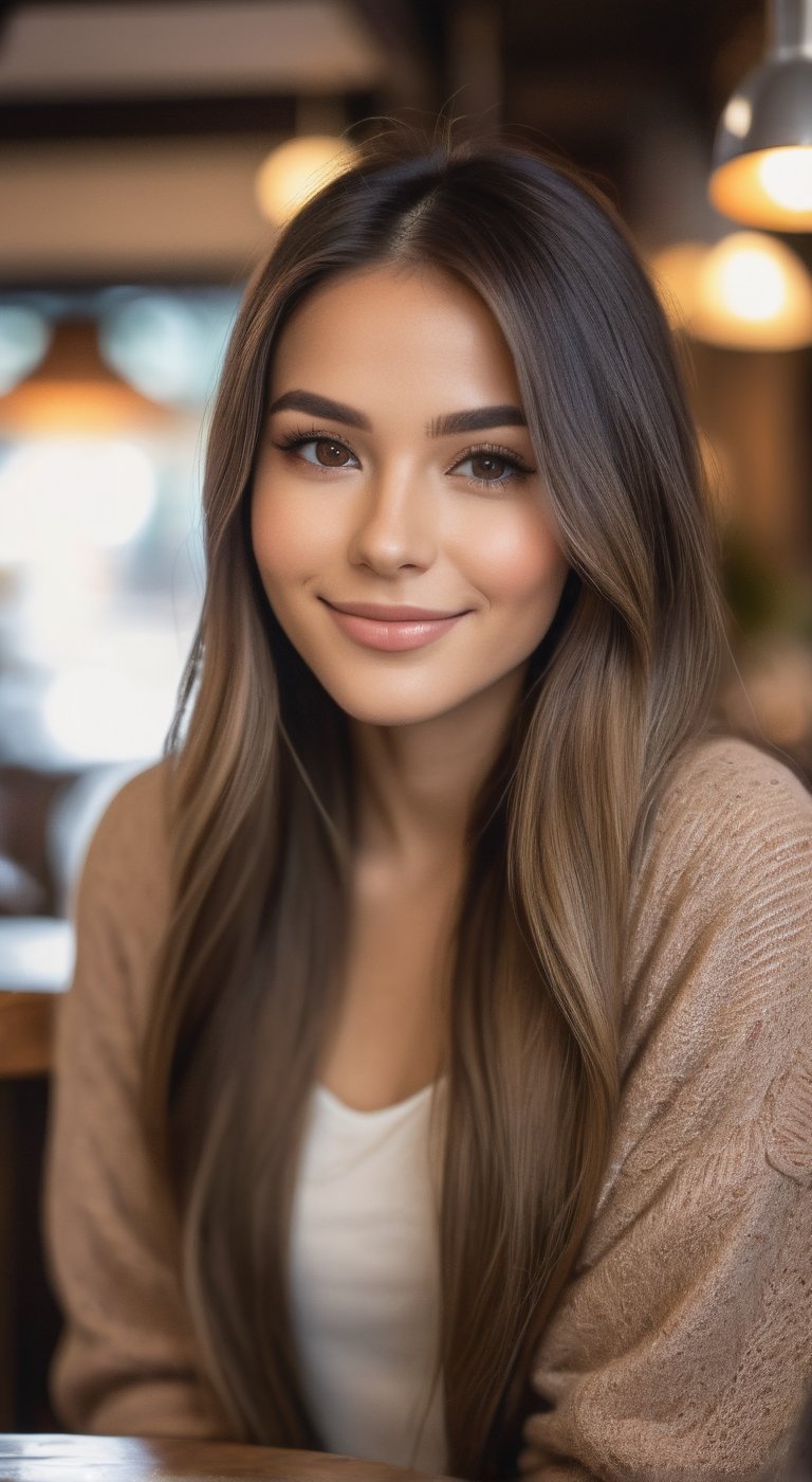 A cozy coffee shop portrait featuring a beautiful lady with long straight hair, sporting a soft smile and dressed casually, shot with Canon EOS Rebel T7i DSLR camera , using Canon EF 50mm f/1.8 STM lens, Wide aperture of f/2.8 for shallow depth of field and beautiful bokeh, shutter speed set to 1/200 to capture ambient light, ISO 400 for balanced exposure, Soft, warm indoor lighting with a cozy ambiance, creating a comfortable and inviting atmosphere, Charming coffee shop interior with rustic decor and cozy seating, providing a relaxed setting for the portrait.