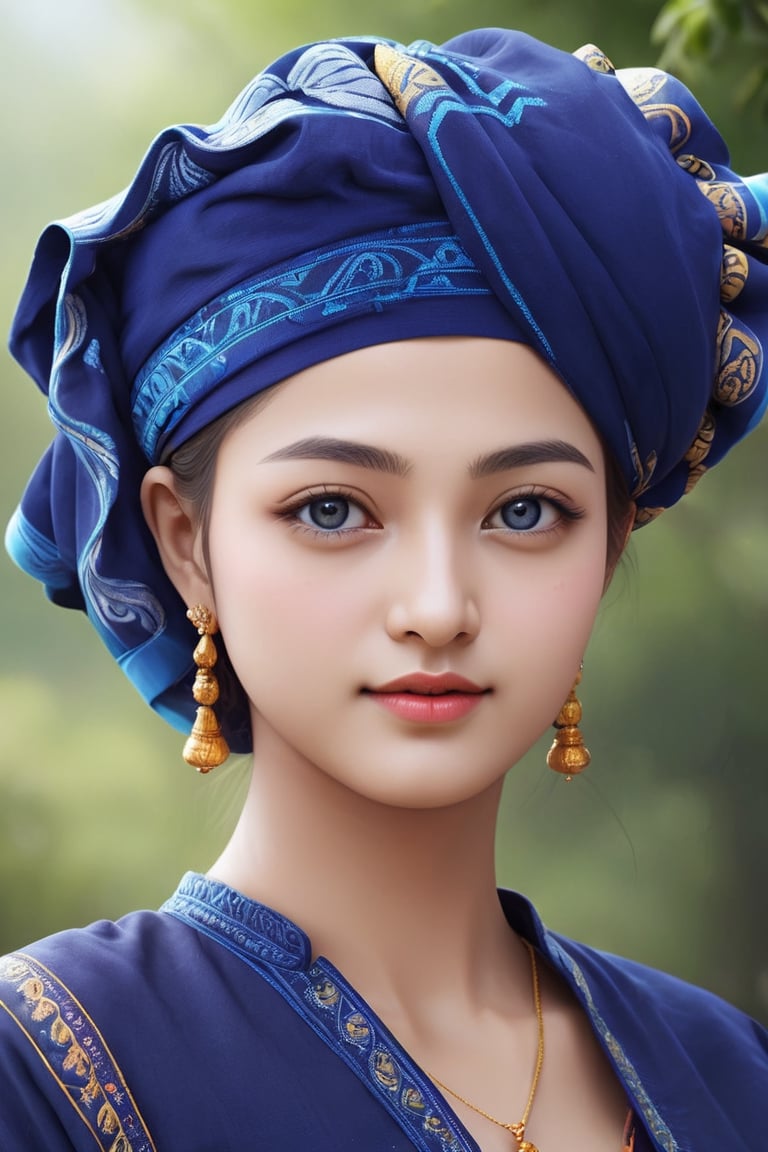 ((best quality)), ((masterpiece)), ((ultra-detailed)), extremely detailed CG, (illustration), ((detailed light)), (an extremely delicate and beautiful), a girl, solo, ((upper body,)), ((cute face)), expressionless, (beautiful detailed eyes),  (Vertical pupil:1.2), depth of field,  wearing (dark blue) paoh traditional dress, turban, rokiah dress, more detail XL,more detail XL