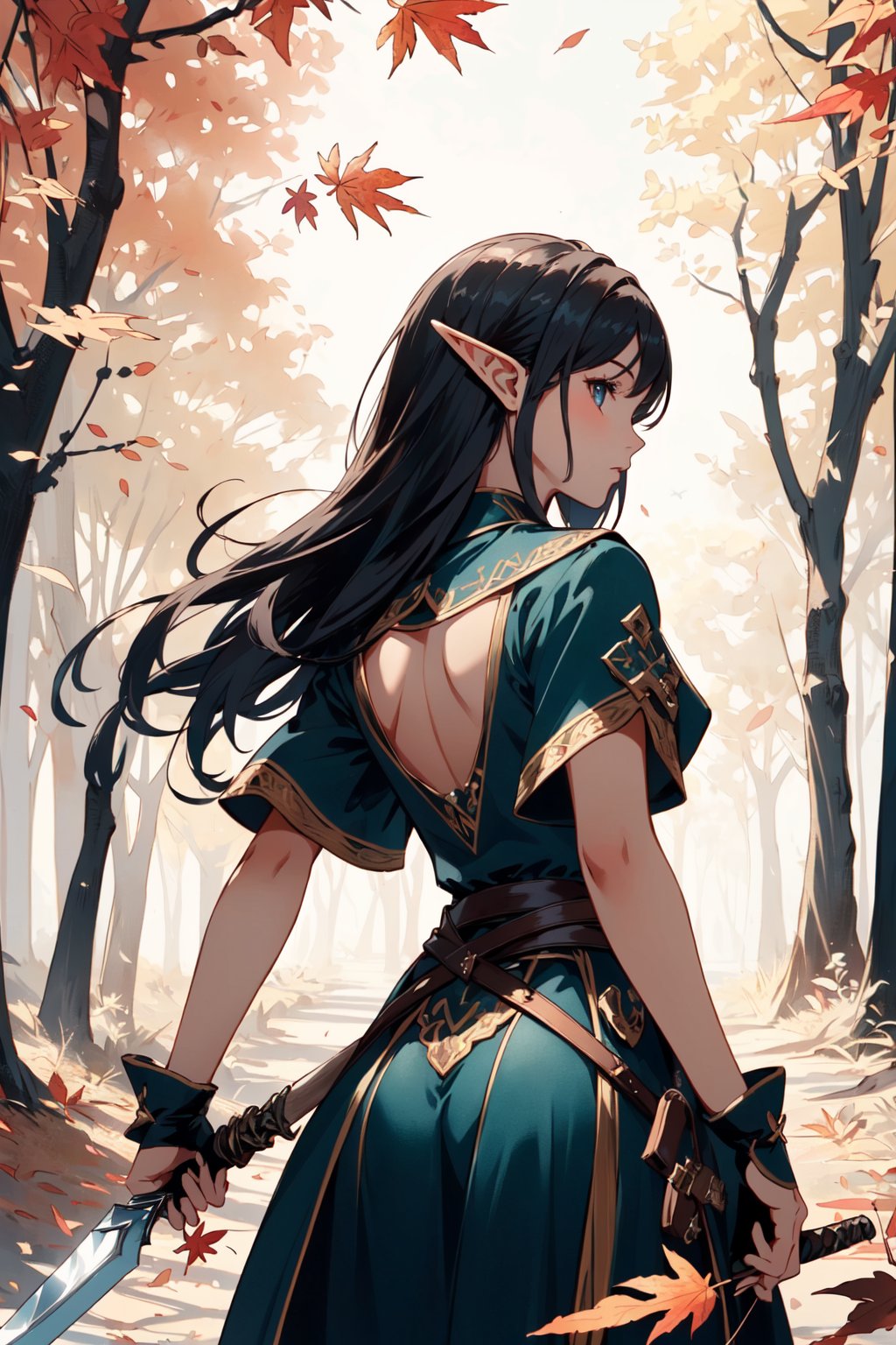 (masterpiece, top quality, best quality, official art, beautiful and aesthetic:1.2), (volumetric lighting), 1girl, solo, elf, warrior with melee weapon, standing, from behind, cowboy shot, looking back, nice hands, perfect hands, autumn forest, fantasy, sunny day, outdoors, nature, falling leaves