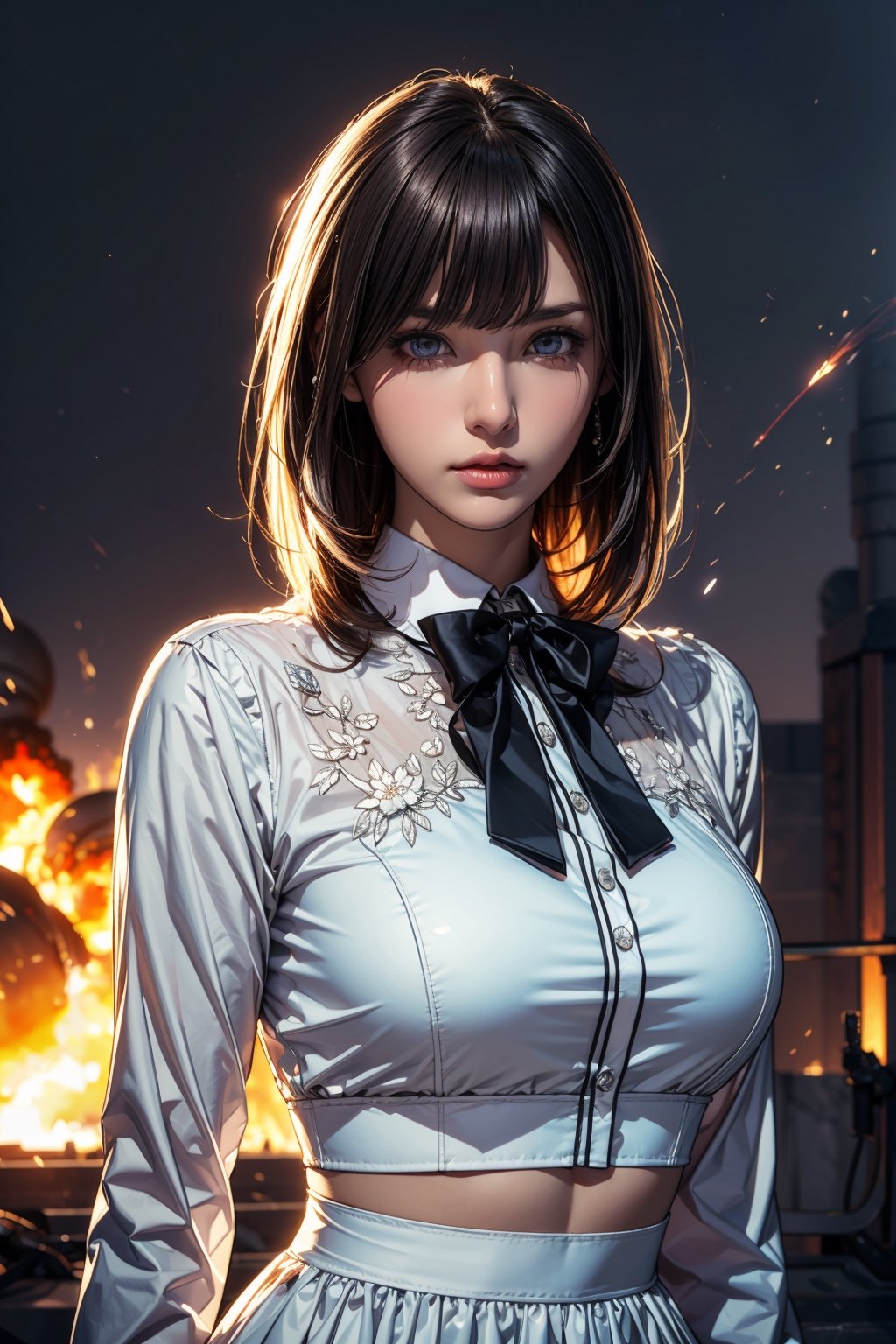 (((masterpiece))),best quality, illustration,(beautiful detailed girl),beautiful detailed glow,((flames of war)),(((nuclear explosion behide))),rain,detailed lighting,detailed water,(beautiful detailed eyes),expressionless,palace,azure hair,disheveled hair,long bangs,hairs between eyes,(whitegrey dress),black ribbon,white bowties,midriff,big forhead,blank stare,flower,long sleeves