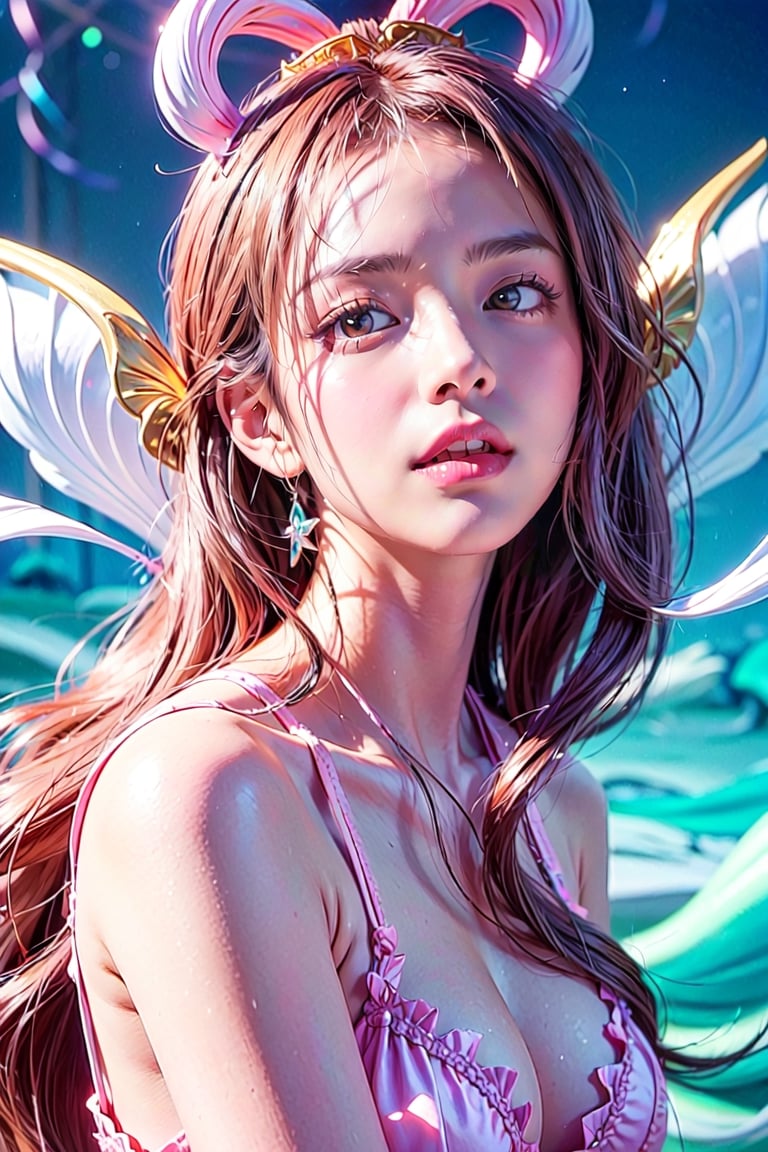 ((top-quality, 8K, masterpiece:1.3)), A detailed eye, (looking at from the front), Look at the camera, ((Everything is sparkling、reflecting light:1.2)), (portrait), Shirahoshi from One Piece, mermaid, pink lights hair, long hair, cute elegant face, full body shot, thoothy smile, head tilt, looking at viewer, under the sea, sea, Shirahoshi with pink tail, elegant figure, mermaid fins.,masterpiece