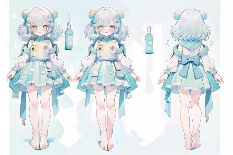 full body, masterpiece, best quality, character sheet, solo, multiple view, blank_background, bare feet, bare legs, flat_chested, exposed pussy, solo, laying, kleedef, pink pillow, light_blue, yellow,chara-sheet