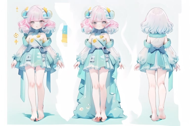 full body, masterpiece, best quality, character sheet, solo, multiple view, blank_background, bare feet, bare legs, flat_chested, exposed pussy, solo, laying, kleedef, pink pillow, light_blue, yellow,chara-sheet