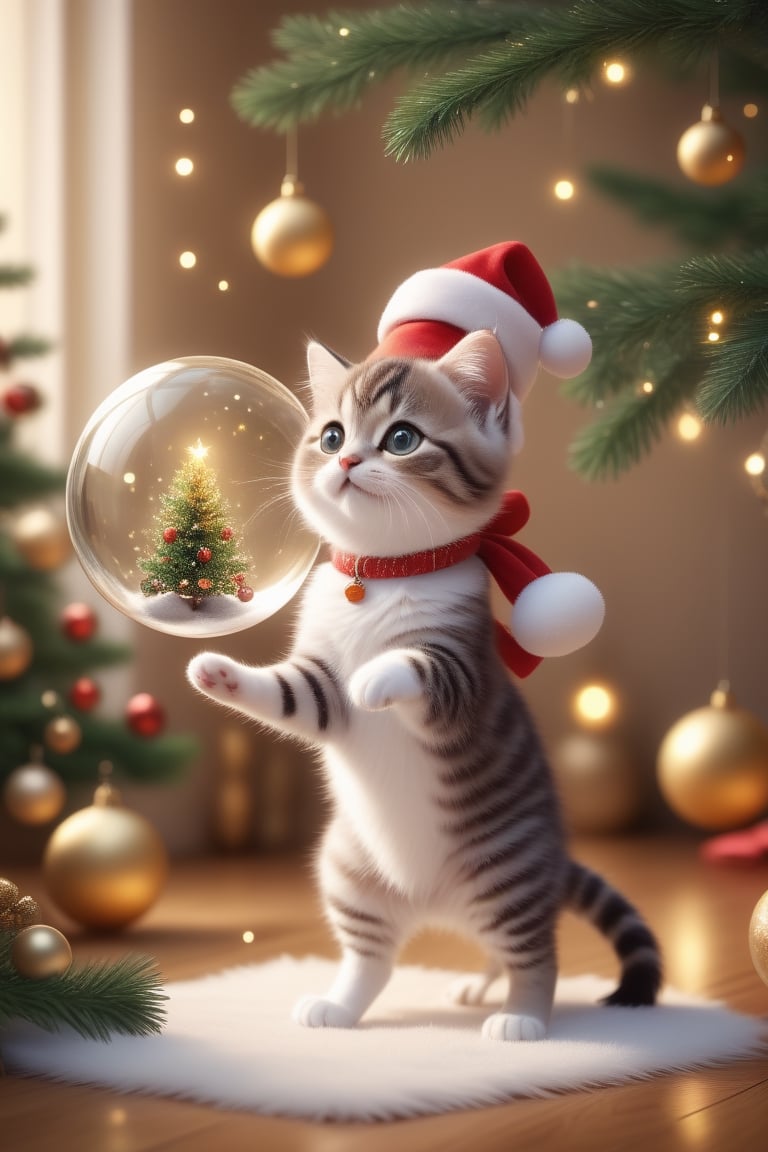 Fantasy photorealistic art of a cute cat Tom in a festive costume standing on the floor tries to hang a beautiful glass sphere on a branch of a Christmas tree, Christmas attributes, cinematic shot, soft light, amber light, magic atmosphere , flying particles, Christmas soks,thm style,Anime ,<lora:659095807385103906:1.0>