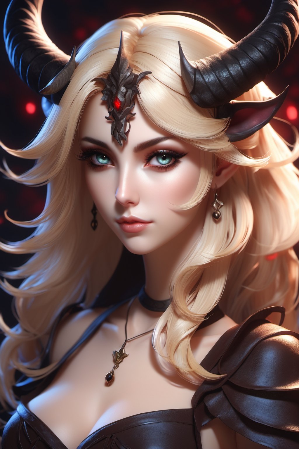 masterpiece, best quality, best lighting, best rendering, illustration, beautiful succubus, petite, bust_portrait, redeyes, oni_horns, blond_hair, longhair, pretty eyes