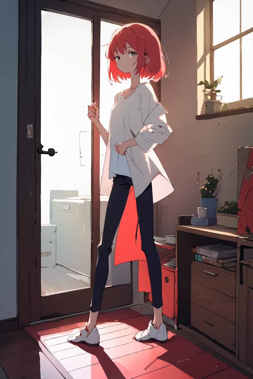 by oda non by yogisya, a very skinny girl from the side looking out the window, red head, very baggy white shirt, indoors, narrow storage room, detailed background, twilight, intimacy, soft lighting, masterpiece, best quality, high quality, highres, absurdres, very detailed, high resolution, sharp, sharp image, 8k, vivid, colorful, stunning, anime, aesthetic,skinny