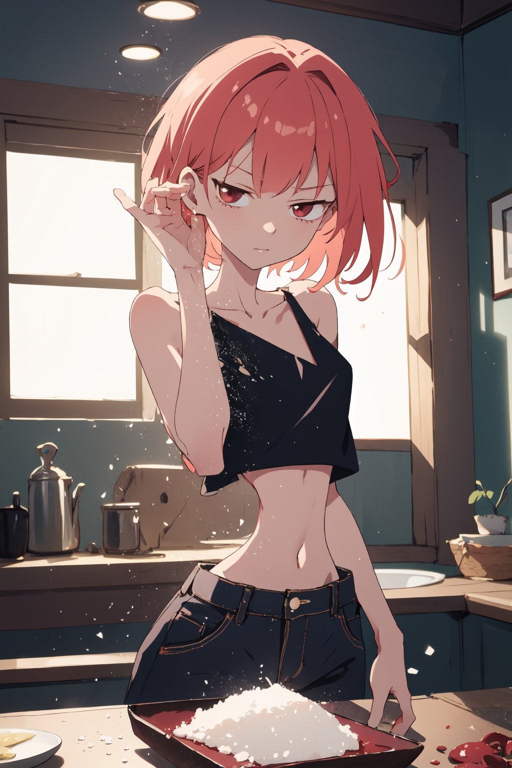 (SaltBaeMeme), by oda non by yogisya, a very skinny girl, emaciated, red head, sexy baggy crop top, indoors, kitchet, detailed background, twilight, intimacy, soft lighting, masterpiece, best quality, high quality, highres, absurdres, very detailed, high resolution, sharp, sharp image, 8k, vivid, colorful, stunning, anime, aesthetic,skinny,