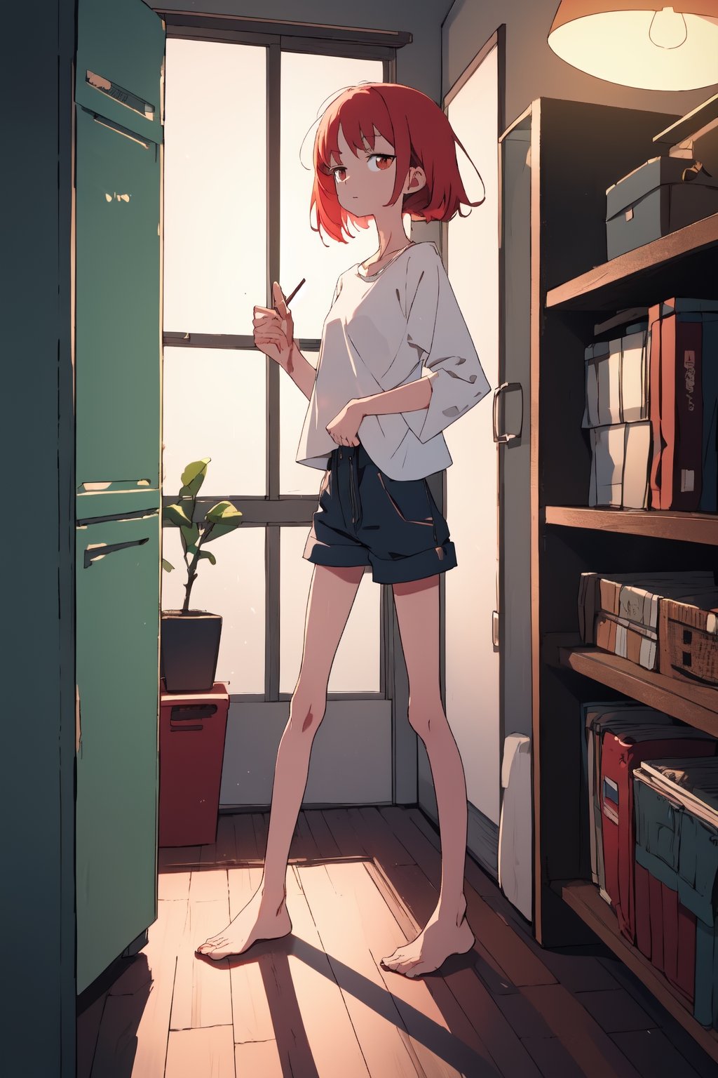 by oda non by yogisya, a very skinny girl from the side looking out the window, red head, sexy very baggy white shirt, indoors, narrow storage room, detailed background, twilight, intimacy, soft lighting, masterpiece, best quality, high quality, highres, absurdres, very detailed, high resolution, sharp, sharp image, 8k, vivid, colorful, stunning, anime, aesthetic,skinny