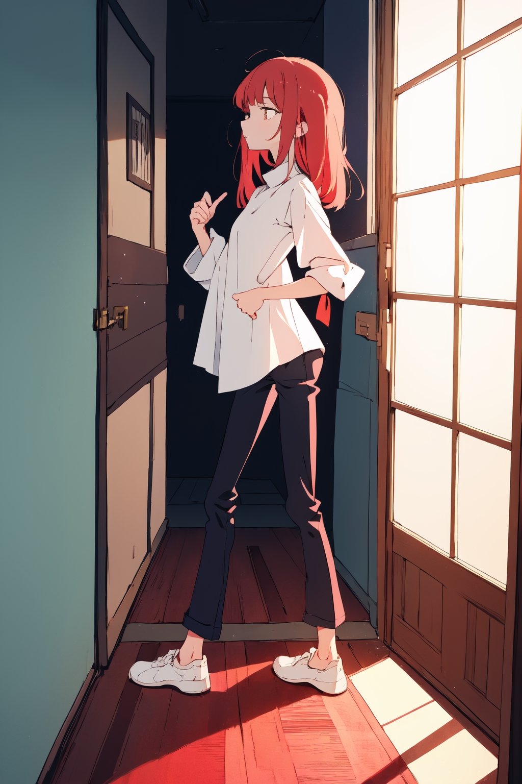 by oda non by yogisya, a very skinny girl from the side looking out the window, red head, sexy very baggy white shirt, indoors, narrow storage room, detailed background, twilight, intimacy, soft lighting, masterpiece, best quality, high quality, highres, absurdres, very detailed, high resolution, sharp, sharp image, 8k, vivid, colorful, stunning, anime, aesthetic,skinny