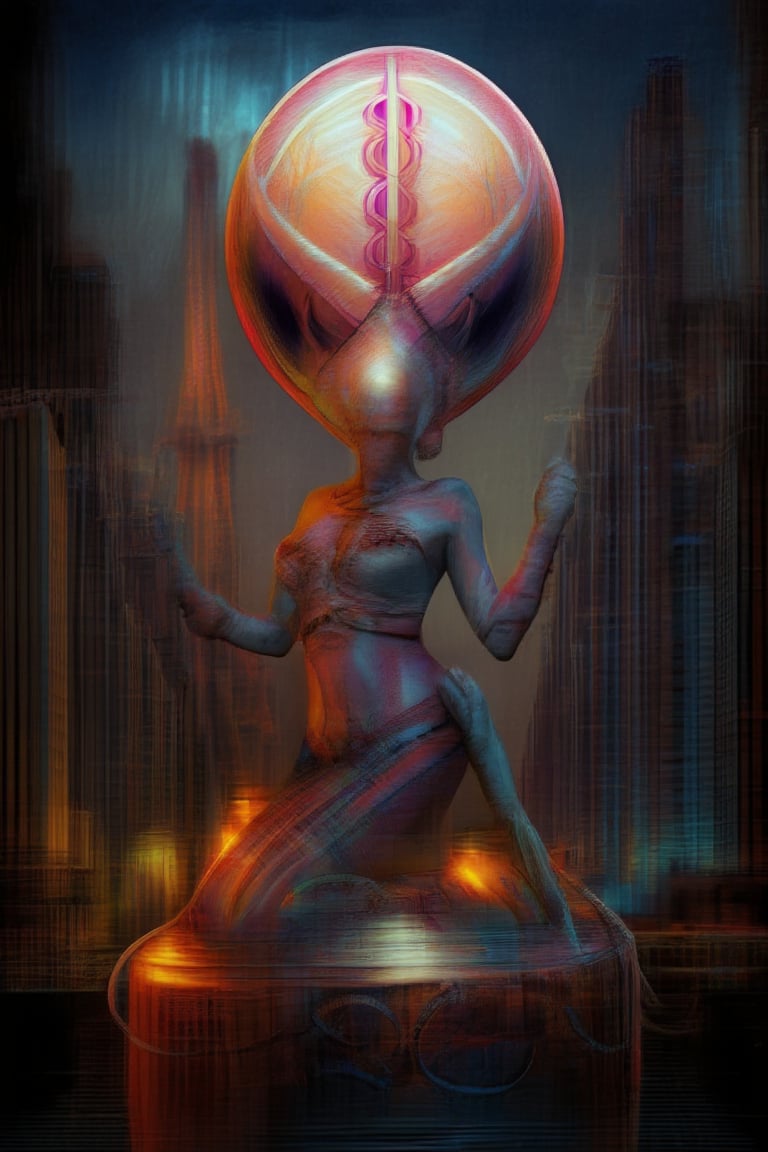 A surreal,  dimly-lit cityscape at dusk. A glowing,  slender alien with iridescent skin and large by Demon Venerable  on T...