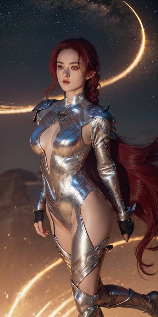 BOMBSHELL RED HAIR VALKYRIE, PALE SKIN, LIGHT GRAY EYES, HIGH CHEEKBONES, ROSY CHEEKS, MENTAL FORAMEN, HUGE LONG HAIR, DOUBLE BRAID HAIR, SILVER LEOTARD ARMOUR, LONG SLEEVES, RED UNDER BODYSUIT, NECK BODYSUIT, LONG SILVER GAUNTLETS, ATHLETIC CURVY BODY, DETAILED QUADRICEPS, MUSCLES, SIDE BODY VIEW, FULL BODY PERSPECTIVE, SPRITE LIGHTINGS, NIGHT SKY, ACCURATE IMAGE, MASTERPIECE. 