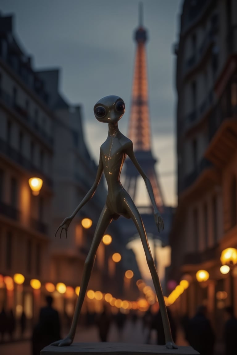 In a dimly-lit cityscape at dusk,  a slender alien with iridescent skin and large,  black eyes stands confidently amidst t...