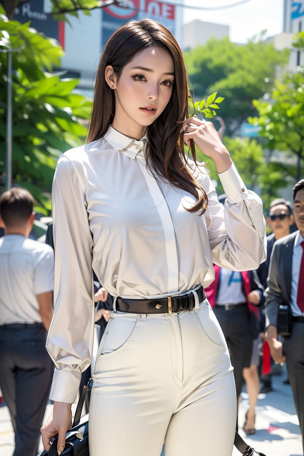 1girl, pants, shirt, outdoors, long_hair, white_shirt, solo, brown_hair, realistic, blurry, blurry_background, horse, black_pants, animal, long_sleeves, day, belt, lips, holding, brown_eyes