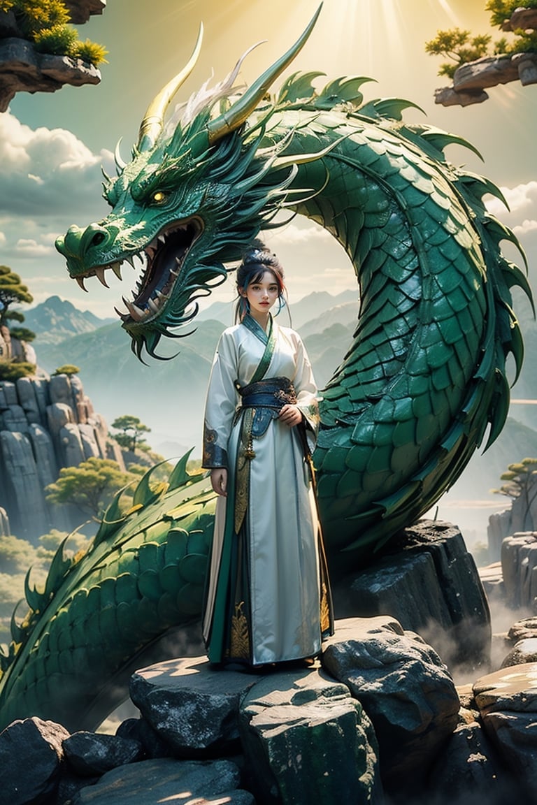 masterpiece, top quality, best quality, official art, beautiful and aesthetic:1.2), (1girl:1.3), , girl, blue hair, hanfu fashion, chinese dragon, eastern dragon, golden line, (green theme:1.5), volumetric lighting, ultra-high quality, photorealistic, rock moutain background