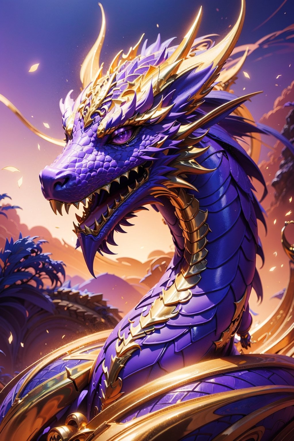 masterpiece, top quality, best quality, official art, beautiful and aesthetic:1.2), (1girl:1.3), chinese dragon, eastern dragon, golden line, (purple theme:1.6), volumetric lighting, ultra-high quality, photorealistic, sky background