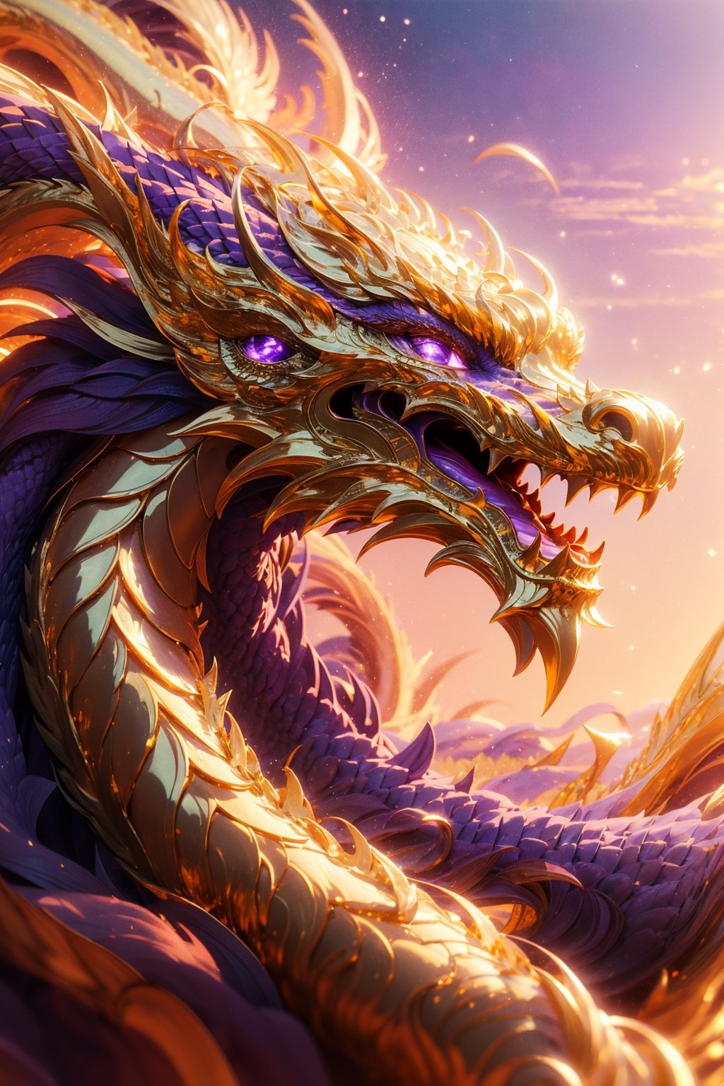 masterpiece, top quality, best quality, official art, beautiful and aesthetic:1.2), (1girl:1.3), chinese dragon, eastern dragon, golden line, (purple theme:1.6), volumetric lighting, ultra-high quality, photorealistic, sky background