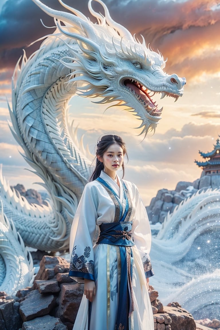 masterpiece, top quality, best quality, official art, beautiful and aesthetic:1.2), (1girl:1.3), , girl, blue hair, hanfu fashion, chinese dragon, eastern dragon, (white theme:1.5), volumetric lighting, ultra-high quality, photorealistic, rock moutain background,chinatsumura