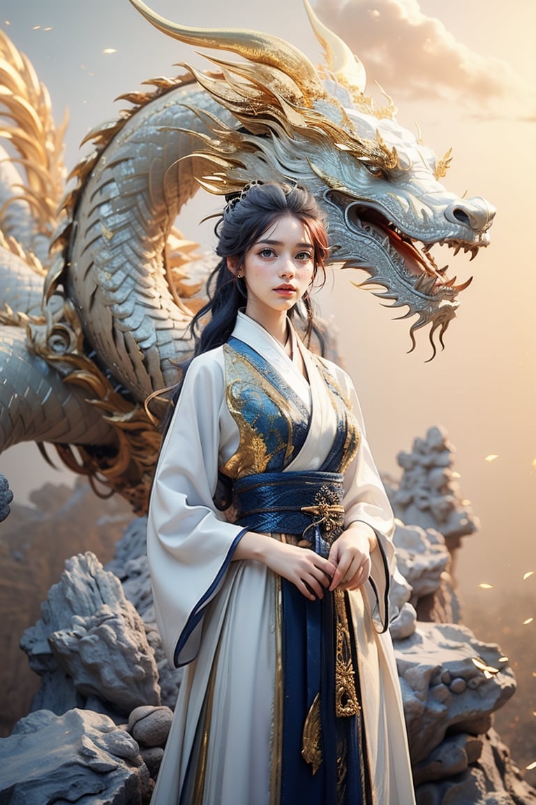 masterpiece, top quality, best quality, official art, beautiful and aesthetic:1.2), (1girl:1.3), , girl, blue hair, hanfu fashion, chinese dragon, eastern dragon, golden line, (white theme:1.5), volumetric lighting, ultra-high quality, photorealistic, rock moutain background