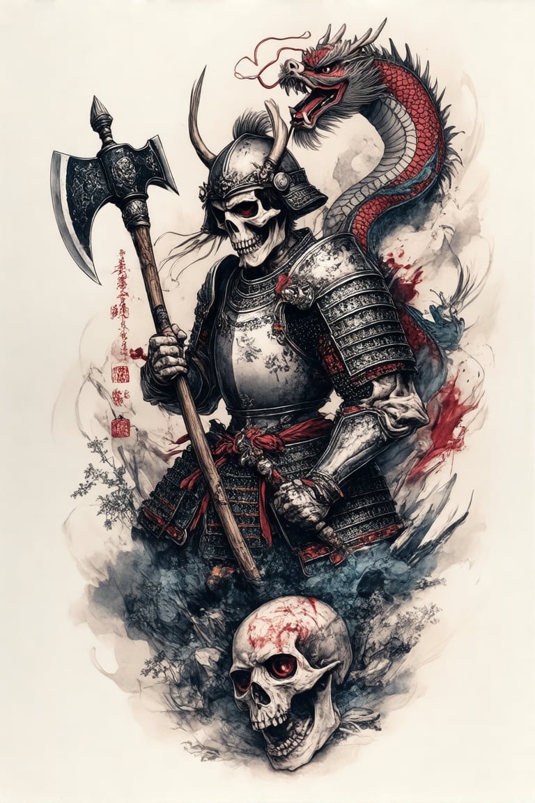 A colorized tattoo art style image of A skeleton knight Slash the tomahawk, look at viewer, with a dragon coiling around he. Demon helmet, details helmet, heavy armor, The scene is vibrant with intricate details, set in a traditional Japanese tattoo style. The knight is depicted in a dynamic pose, with Bloodstained armor and delicate facial features. The dragon's scales are detailed, and its eyes are fierce. The composition is balanced, with the arrow and dragon complementing the knight's Murderous expression. The lighting is dramatic, highlighting the contrast between the knight's mighty and the dragon's power, (Skull background), perfect fingers,