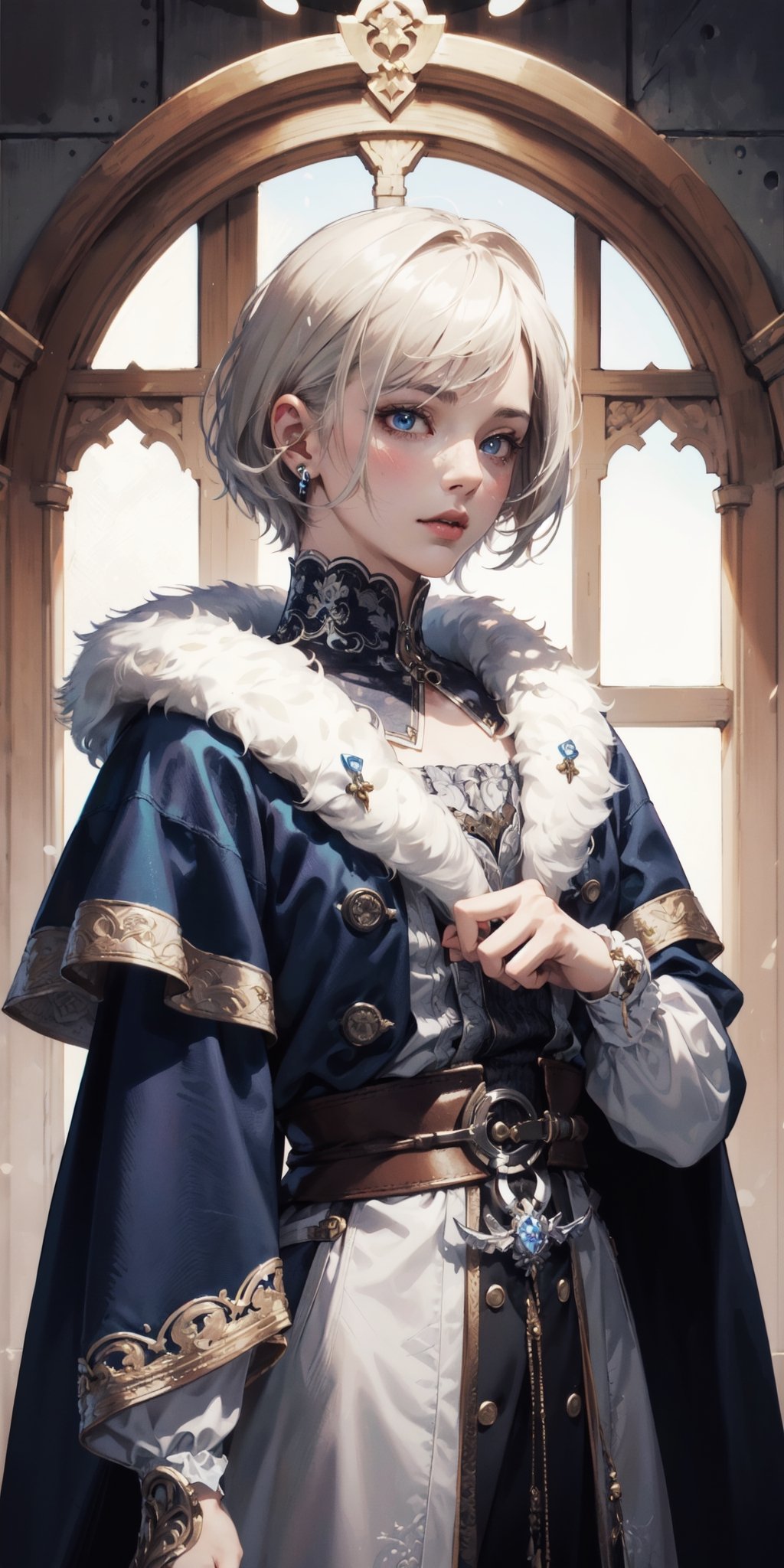 Extreme detailed,Realistic,solo,
official art, extremely detailed, Extreme Realistic,  Nordic beautiful teen girl, beautifully detailed eyes, detailed fine nose, detailed fingers,muscle body, wearing extremely detailed luxury male Prince Albert coat, high quality, beautiful high Detailed white short hair,