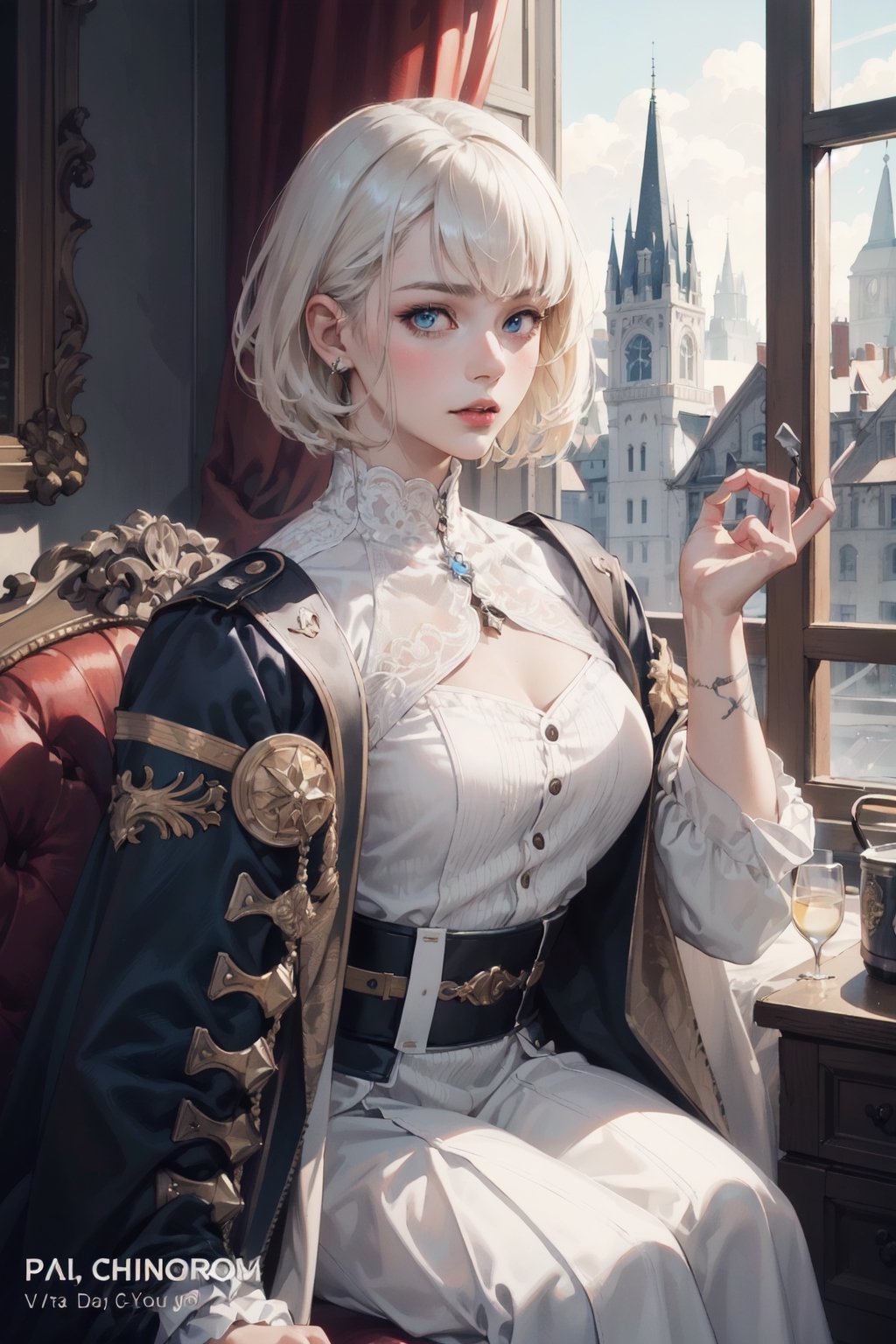 Extreme detailed,Realistic,solo,
official art, extremely detailed, Extreme Realistic,  Nordic beautiful teen girl, beautifully detailed eyes, detailed fine nose, detailed fingers,muscle body, wearing extremely detailed luxury male Prince Albert coat, high quality, beautiful high Detailed white short hair,