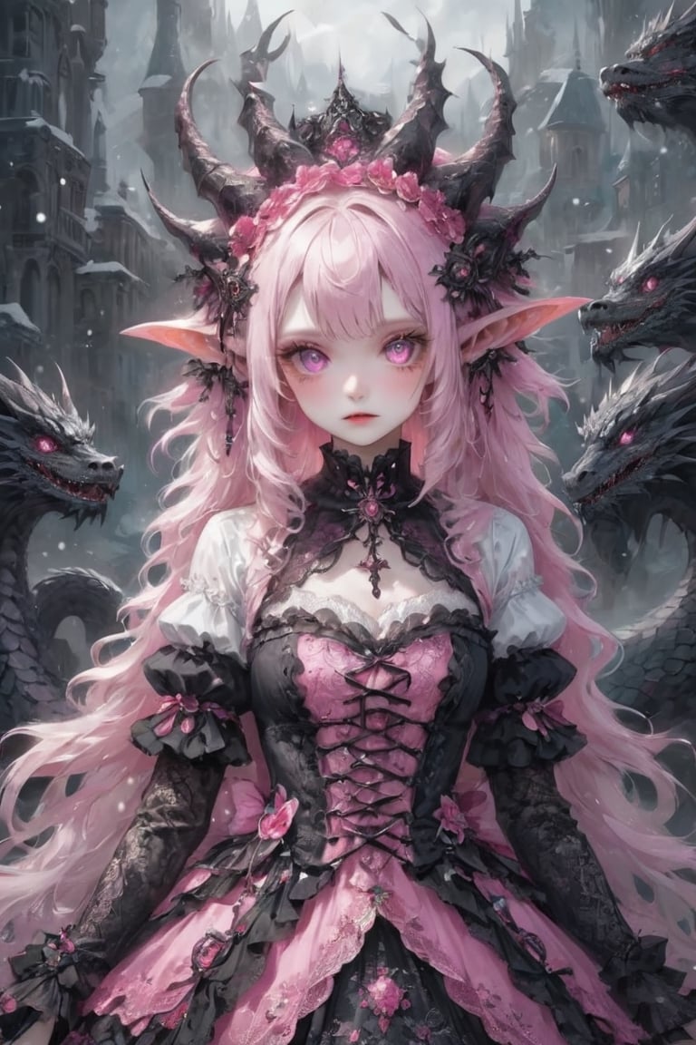 A Gothic Lolita girl with dragon eyes and dragon horns,Depth and Dimension in the Pupils,
gracefully crystalline cheeks, her attire adorned with intricate pink lace and dark, ethereal fabrics,(intricate dragon horns) elegantly complement her elaborate hairstyle, creating a mystical and captivating presence. Her eyes, reminiscent of a dragon's gaze, exude an otherworldly charm, adding a touch of fantasy to the Gothic Lolita aesthetic. The fusion of traditional Lolita elements with dragon-inspired details results in a unique and enchanting character.,dragon-themed,goth person,lolita_fashion,Dragon,gemsdragon,dragon_h,Chinese Dragon,Christmas Fantasy World