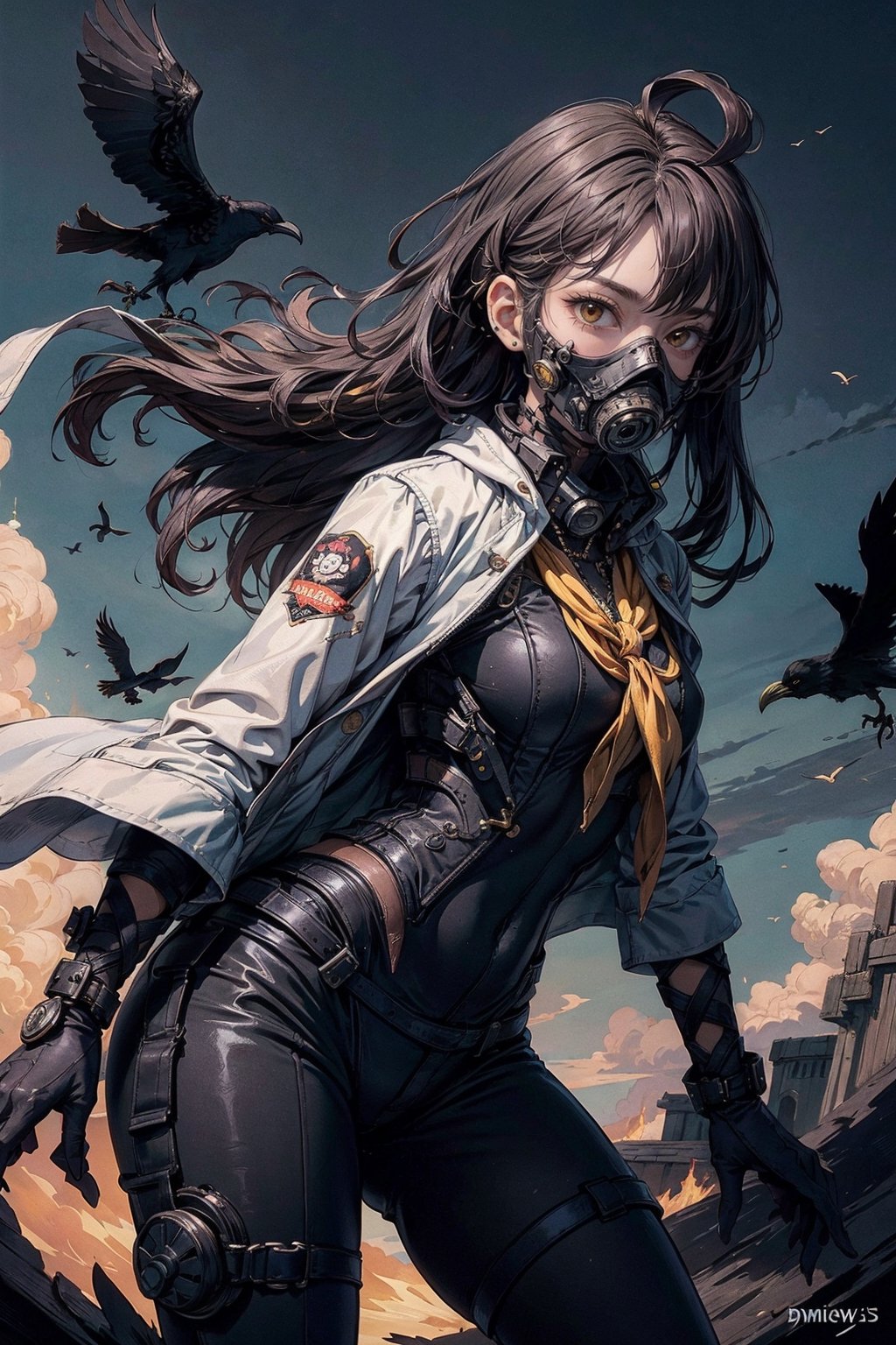 1lady, AgoonGirl, High detailed,  masterpiece, best quality, 8K, highres, absurdres:1.2,ultra-detailed, illustration,SharpEyess,((gas mask in the shape of a crow's beak. dark curly hair, flying crows)),AgoonGirl,nijilorawolf,nijigirl, clownpiece,((dynamic pose, dynamic angle))