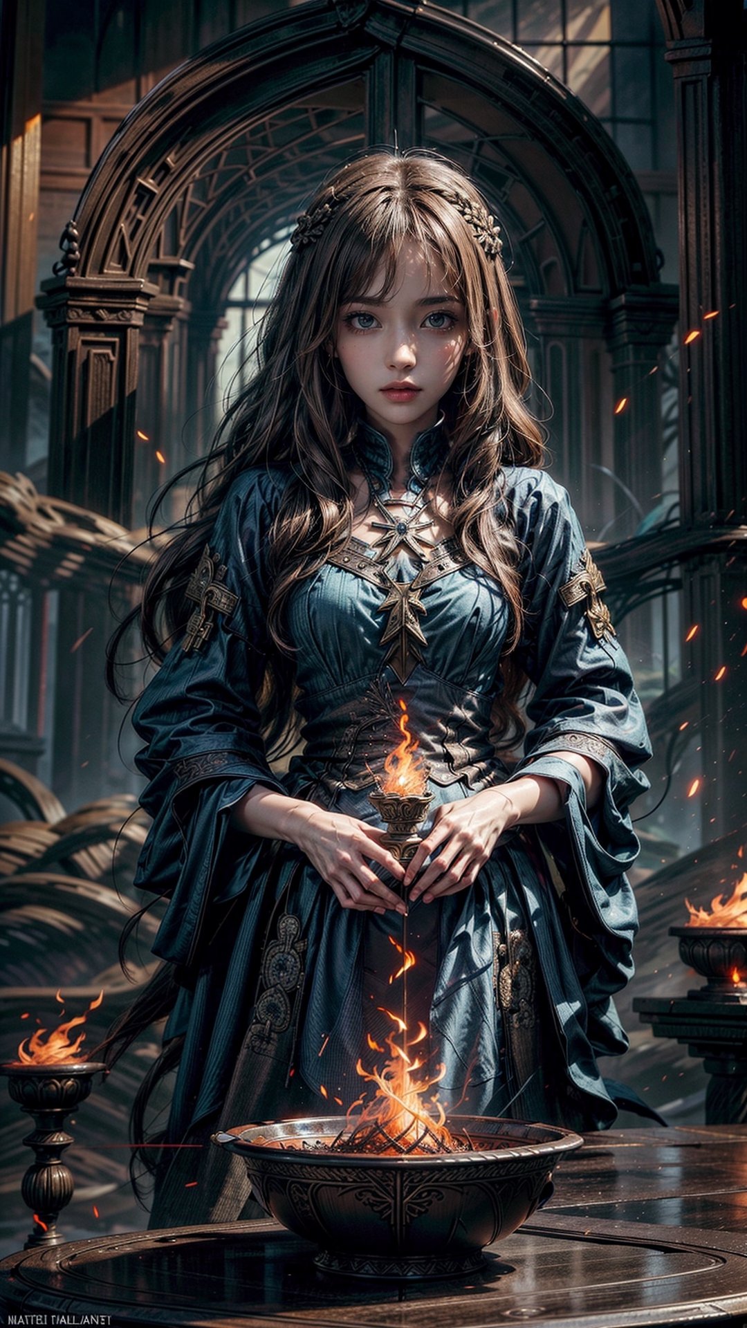 (masterpiece, top quality, best quality, official art, beautiful and aesthetic:1.2), (1girl), extreme detailed, (abstract, fractal art:1.3), long hair, isometric, highest detailed, (fire, water, ice, lightning), ghost,midjourney,1 girl,Game of Thrones,gonggongshi,(PnMakeEnh),latifa fleuranza, ((light_brown_hair)),