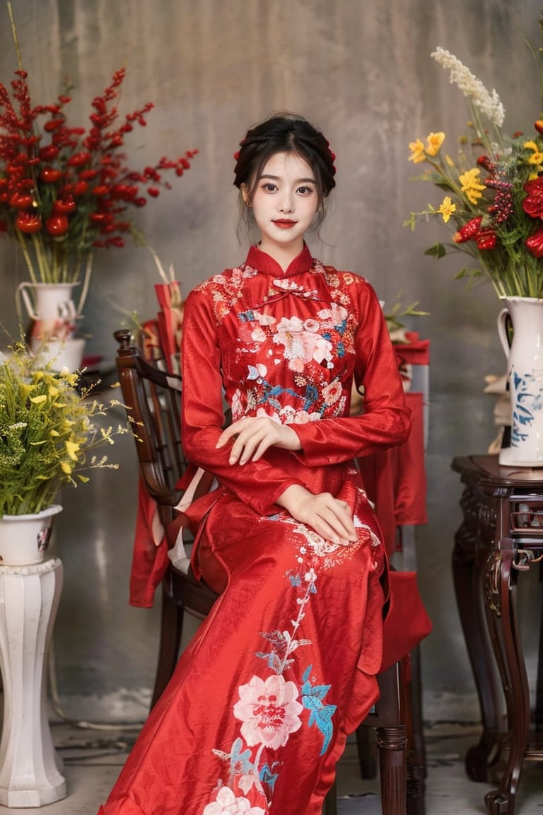 1girl, solo, short hair, black hair, sitting, indoors, chair, floral print, table, plant, hand fan, red aodai,aodaicuoi,perfect