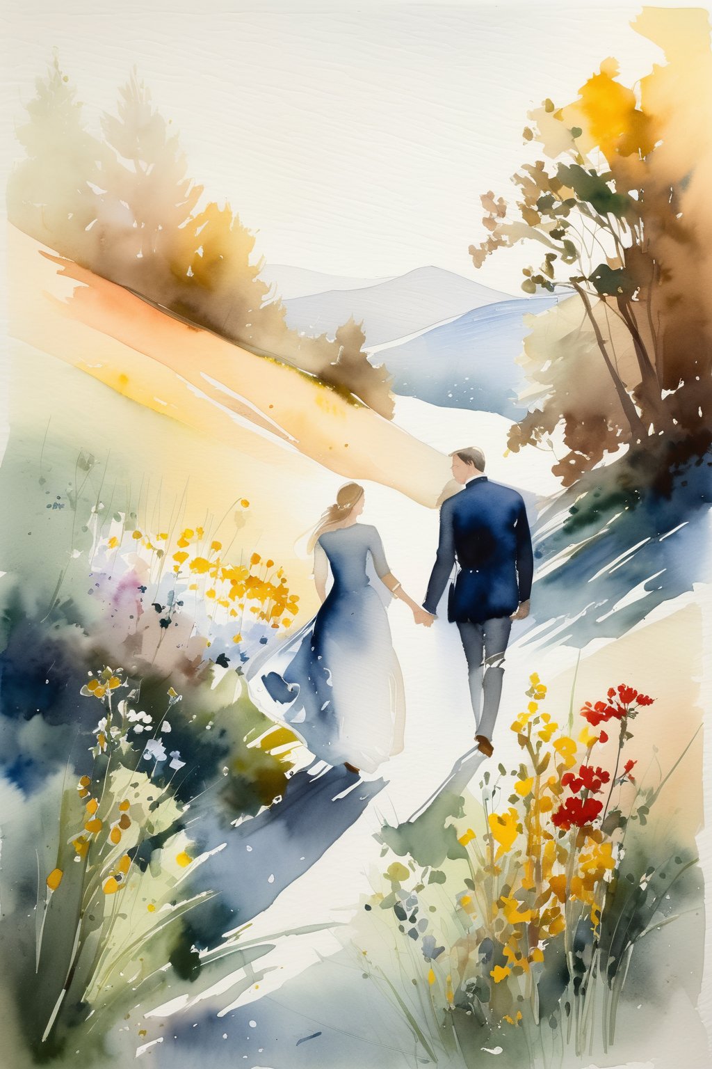 Design a Stark watercolor painting with contrasting light and shadow, revealing the simple beauty of wild flowers, and the couple's journey reflecting the tranquility and nobility of the natural world. The couple's form depicts precise, nuanced representation, and their journey evokes humility and reverence for the realist tradition.