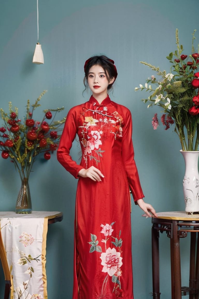 1girl, solo, short hair, black hair, , indoors, chair, floral print, table, plant, hand fan, red aodai,aodaicuoi,perfect