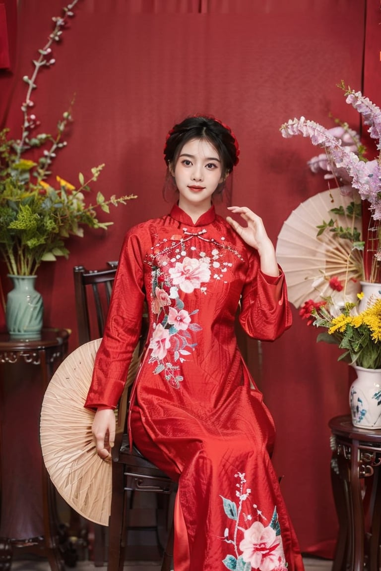 1girl, solo, short hair, black hair, sitting, indoors, chair, floral print, table, plant, hand fan, red aodai,aodaicuoi,perfect