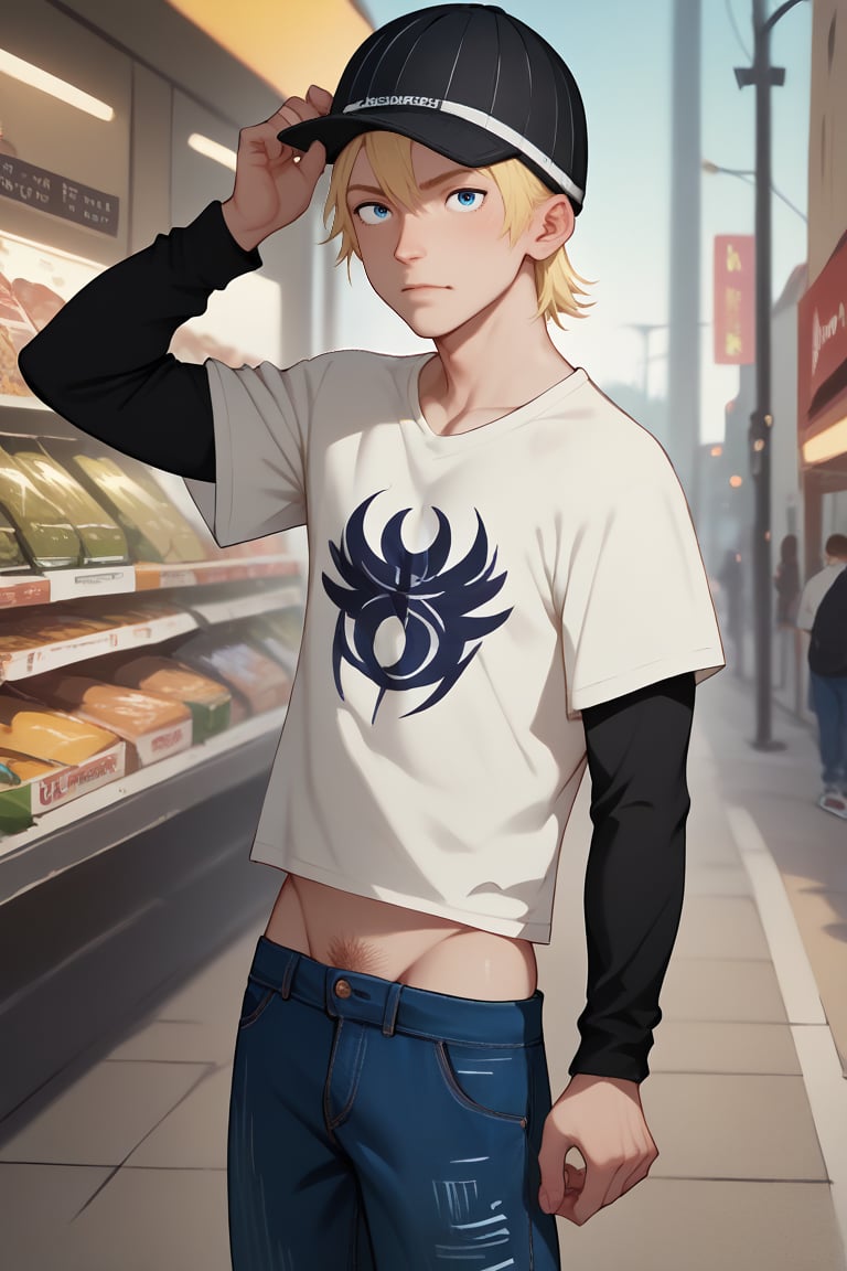 score_9, score_8_up, score_7_up, score_6_up, score_5_up, score_4_up, source_anime, rating_explicit
    shopping,  looking at viewer, 1boy, blue eyes, white shirt, short sleeves, jude1, blonde, skater boy, black hat with a white stripe, print t-shirt, male focus, black long sleeves, short over long sleeves, baggy jeans, dynamic pose