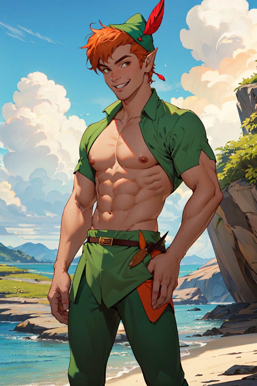 1boy, masterpiece, Beauty,peter pan, short hair, orange hair, green pants, shirtless, belt, brown footwear, hat feather, male focus, pointy ears, looking_at_viewer, open clothes,( male_nipples), smile, island, blue sky, 