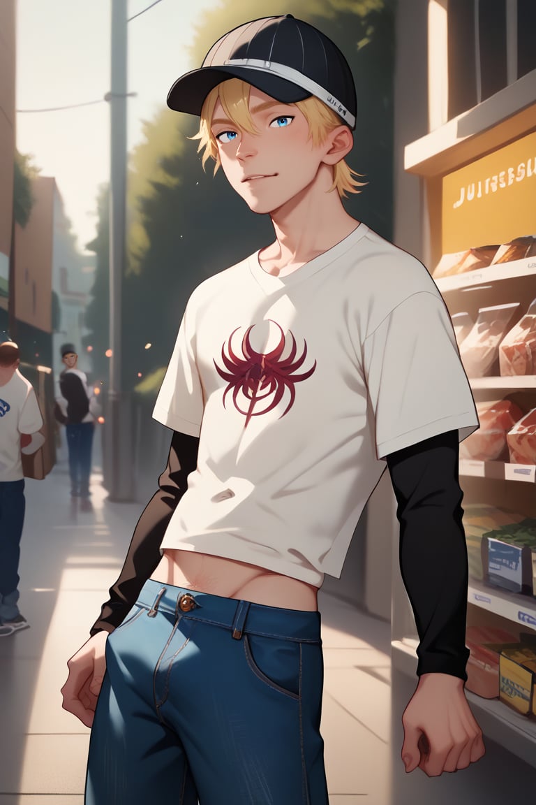 score_9, score_8_up, score_7_up, score_6_up, score_5_up, score_4_up, source_yaoi, rating_explicit
    shopping,  looking at viewer, 1boy, blue eyes, white shirt, short sleeves, jude1, blonde, skater boy, black hat with a white stripe, print t-shirt, male focus, black long sleeves, short over long sleeves, baggy jeans, dynamic pose