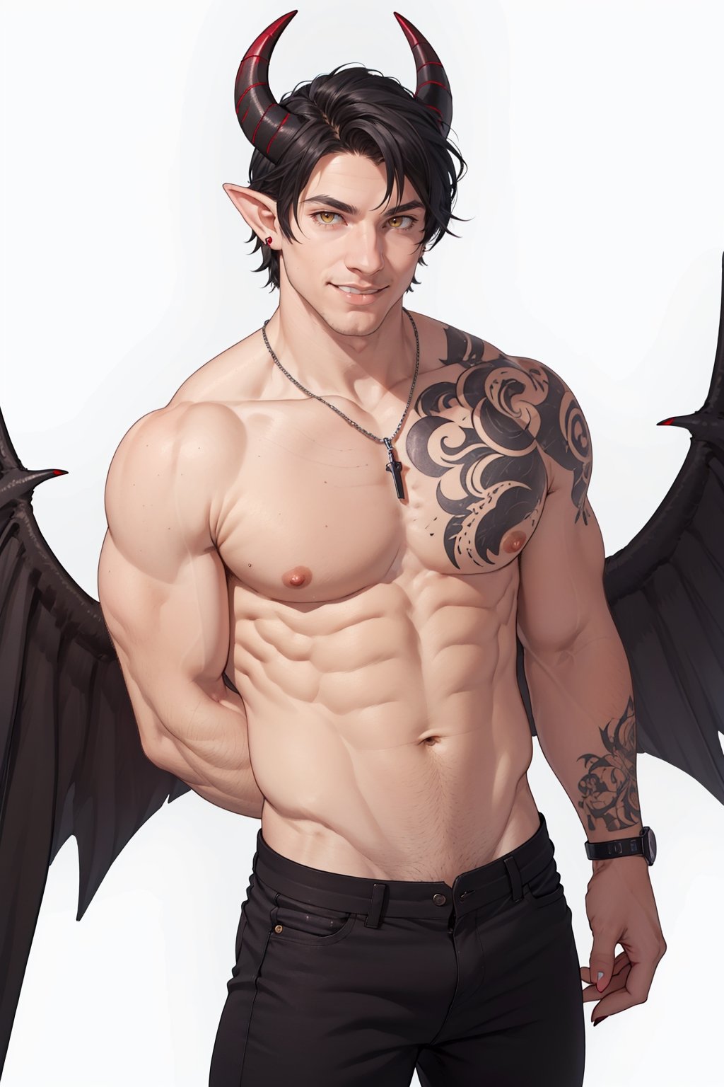 solo, looking at viewer, smile, simple background, black hair, 1boy, white background, navel, jewelry, nipples, yellow eyes, weapon, male focus, cowboy shot, wings, horns, pointy ears, pants, fingernails, tattoo, muscular, colored skin, black pants, piercing, abs, pectorals, muscular male, demon horns, gem, claws, colored sclera, long fingernails, demon wings, topless male, sharp fingernails, nipple piercing, demon boy