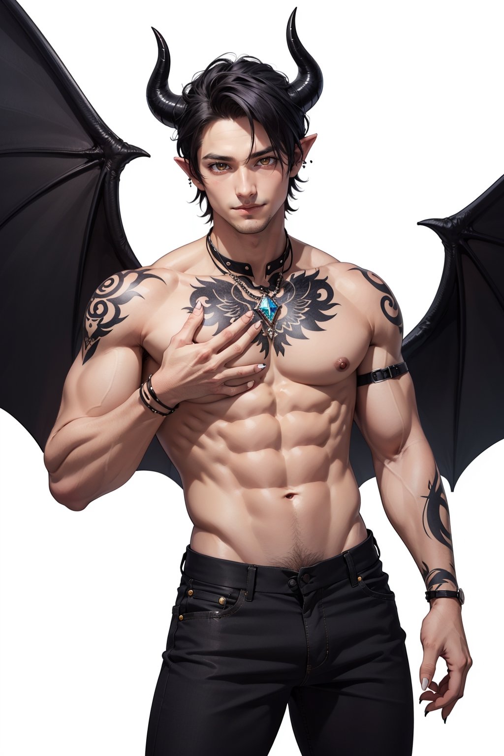 solo, looking at viewer, smile, simple background, black hair, 1boy, white background, navel, jewelry, nipples, yellow eyes, weapon, male focus, cowboy shot, wings, horns, pointy ears, pants, fingernails, tattoo, muscular, colored skin, black pants, piercing, abs, pectorals, muscular male, demon horns, gem, claws, colored sclera, long fingernails, demon wings, topless male, sharp fingernails, nipple piercing, demon boy