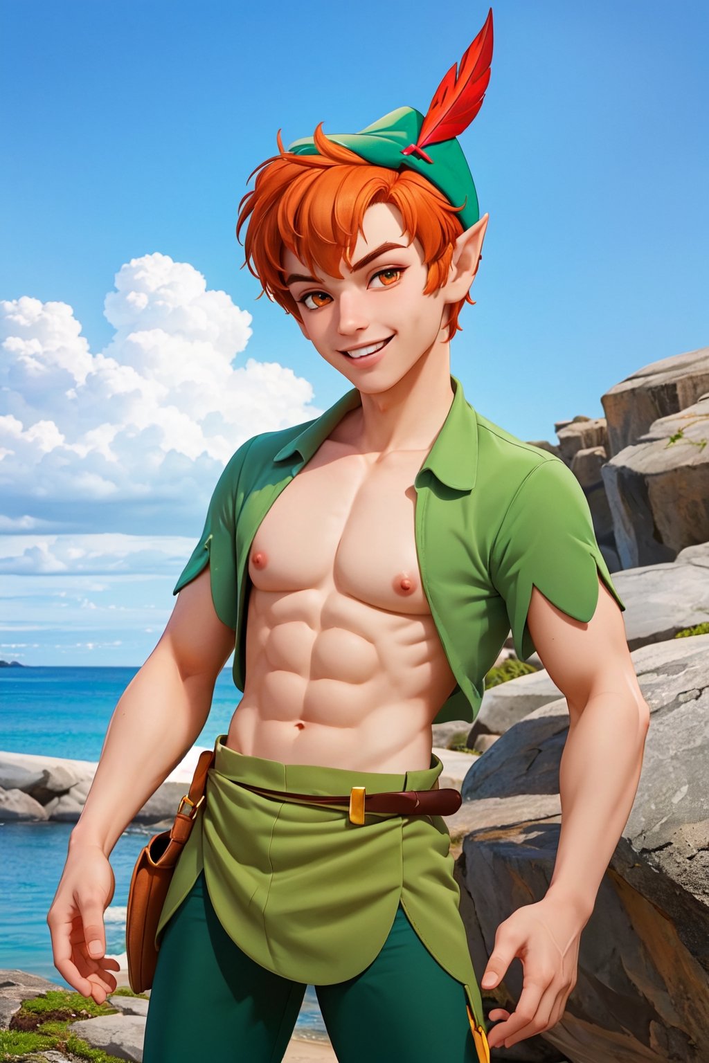 1boy, masterpiece, Beauty,peter pan, short hair, orange hair, green pants, shirtless, belt, brown footwear, hat feather, male focus, pointy ears, looking_at_viewer, open clothes,( male_nipples), smile, island, blue sky, 