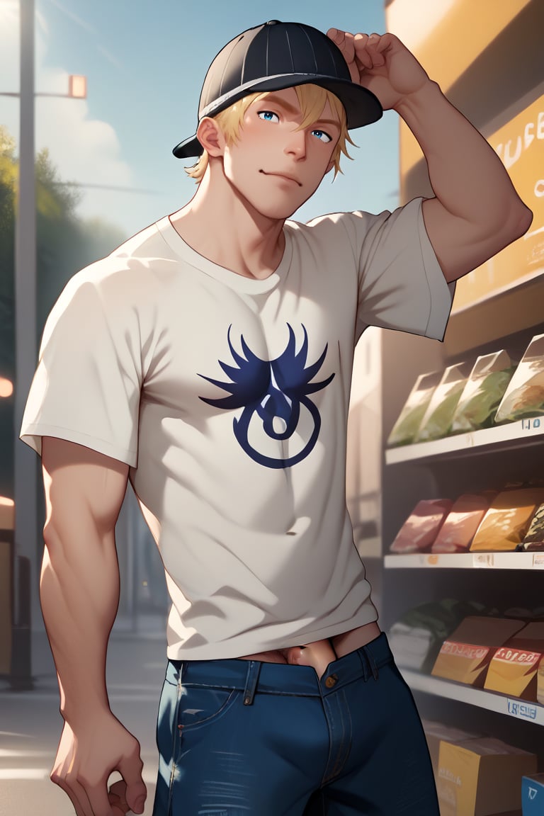 score_9, score_8_up, score_7_up, score_6_up, score_5_up, score_4_up, source_bara, rating_explicit
    shopping,  looking at viewer, 1boy, blue eyes, white shirt, short sleeves, jude1, blonde, skater boy, black hat with a white stripe, print t-shirt, male focus, black long sleeves, short over long sleeves, baggy jeans, dynamic pose