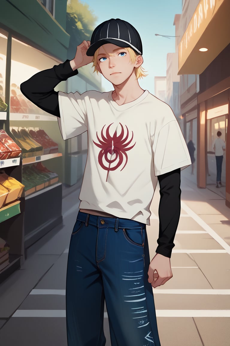 score_9, score_8_up, score_7_up, score_6_up, score_5_up, score_4_up, source_anime, rating_safe
    shopping,  looking at viewer, 1boy, blue eyes, white shirt, short sleeves, jude1, blonde, skater boy, black hat with a white stripe, print t-shirt, male focus, black long sleeves, short over long sleeves, baggy jeans, dynamic pose