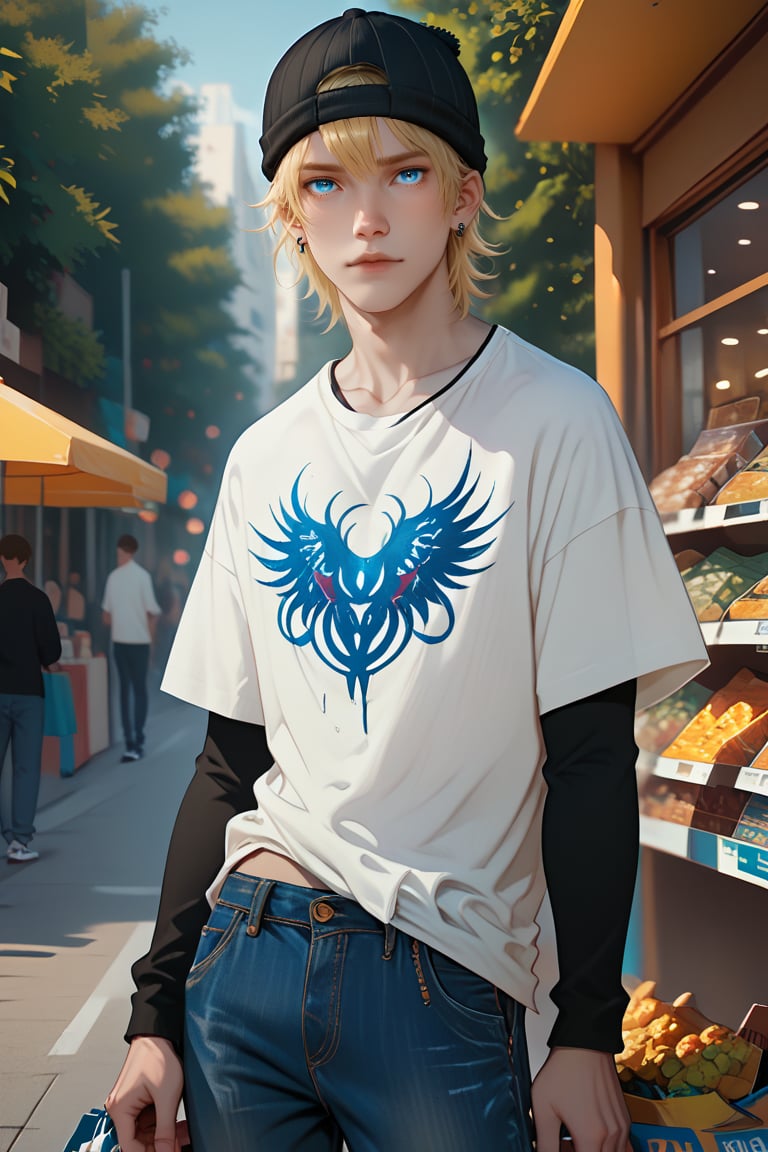 score_9, score_8_up, score_7_up, score_6_up, score_5_up, score_4_up, source_anime, rating_safe
    shopping,  looking at viewer, 1boy, blue eyes, white shirt, short sleeves, jude1, blonde, skater boy, black hat with a white stripe, print t-shirt, male focus, black long sleeves, short over long sleeves, baggy jeans