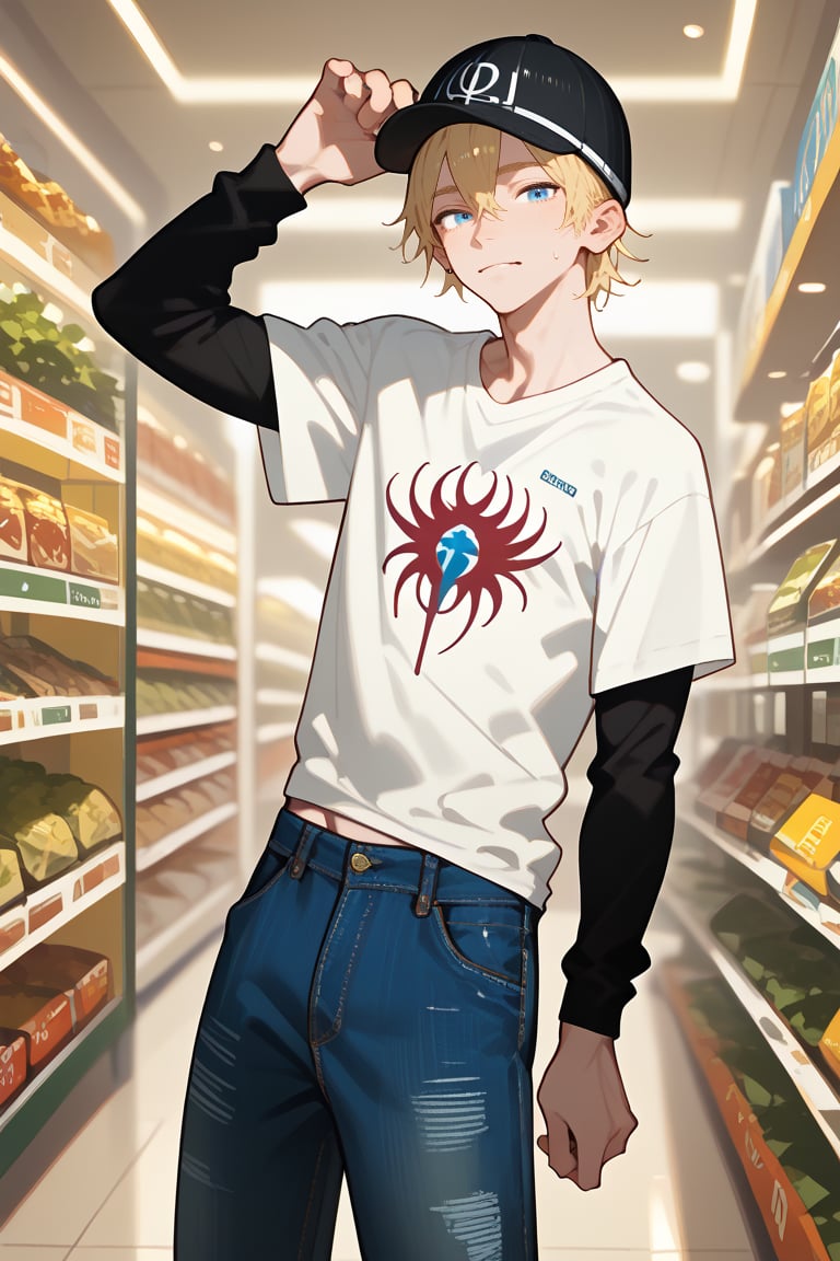 score_9, score_8_up, score_7_up, score_6_up, score_5_up, score_4_up, source_yaoi, rating_explicit
    shopping,  looking at viewer, 1boy, blue eyes, white shirt, short sleeves, jude1, blonde, skater boy, black hat with a white stripe, print t-shirt, male focus, black long sleeves, short over long sleeves, baggy jeans, dynamic pose