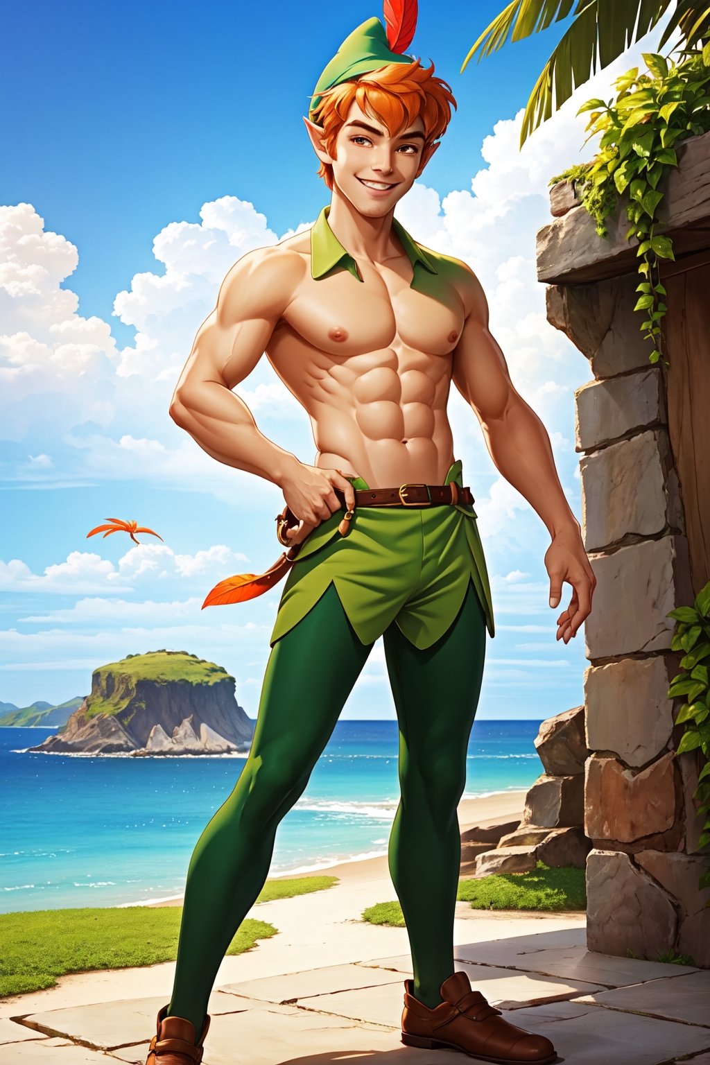 1boy, masterpiece, Beauty,peter pan, short hair, orange hair, green pants, shirtless, belt, brown footwear, hat feather, male focus, pointy ears, looking_at_viewer, open clothes,( male_nipples), smile, island, blue sky, 