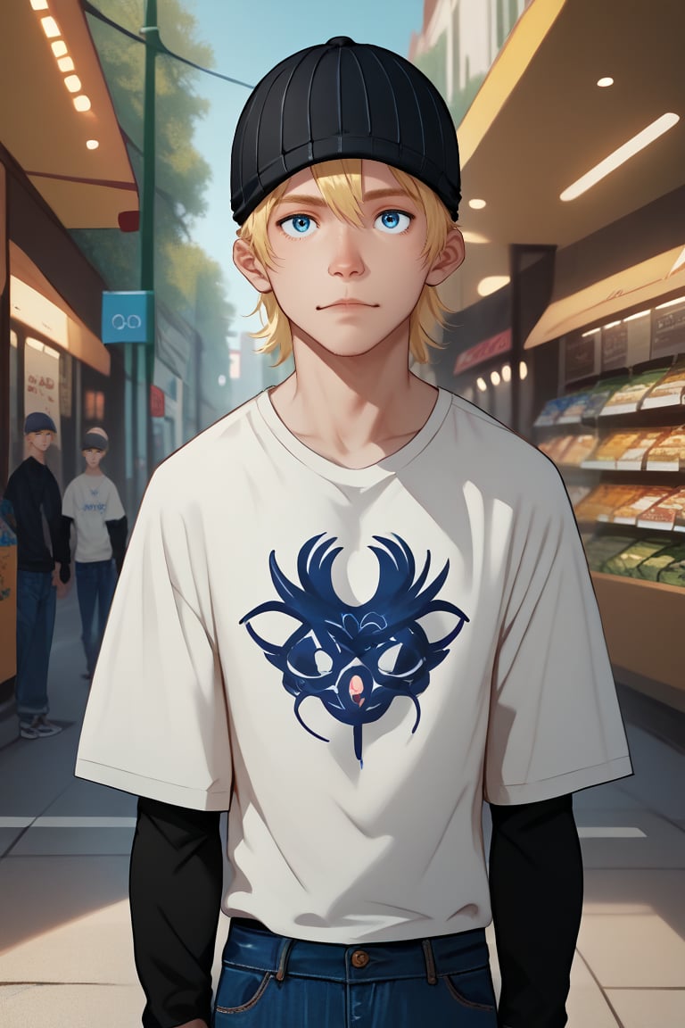 score_9, score_8_up, score_7_up, score_6_up, score_5_up, score_4_up, source_anime, rating_safe
    shopping,  looking at viewer, 1boy, blue eyes, white shirt, short sleeves, jude1, blonde, skater boy, black hat with a white stripe, print t-shirt, male focus, black long sleeves, short over long sleeves, baggy jeans