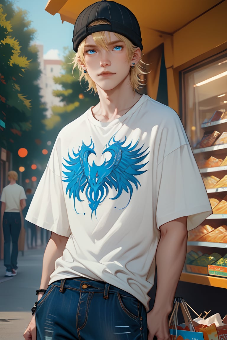 score_9, score_8_up, score_7_up, score_6_up, score_5_up, score_4_up, source_anime, rating_safe
    shopping,  looking at viewer, 1boy, blue eyes, white shirt, short sleeves, jude1, blonde, skater boy, black hat with a white stripe, print t-shirt, male focus, black long sleeves, short over long sleeves, baggy jeans