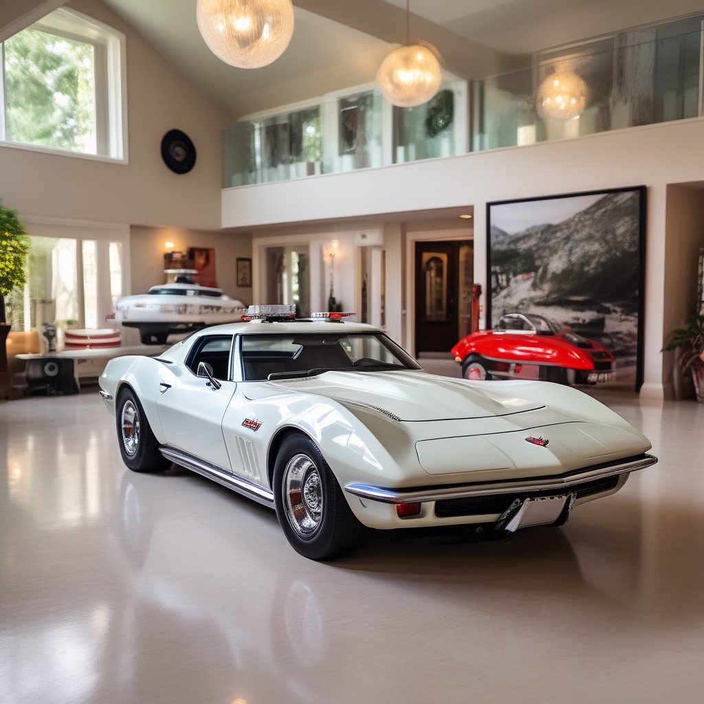 A Police car as Corvette stingray 1968 with sirens,
Inside a wide large living room in a house ,c_car,APEX SUPER CARS XL 