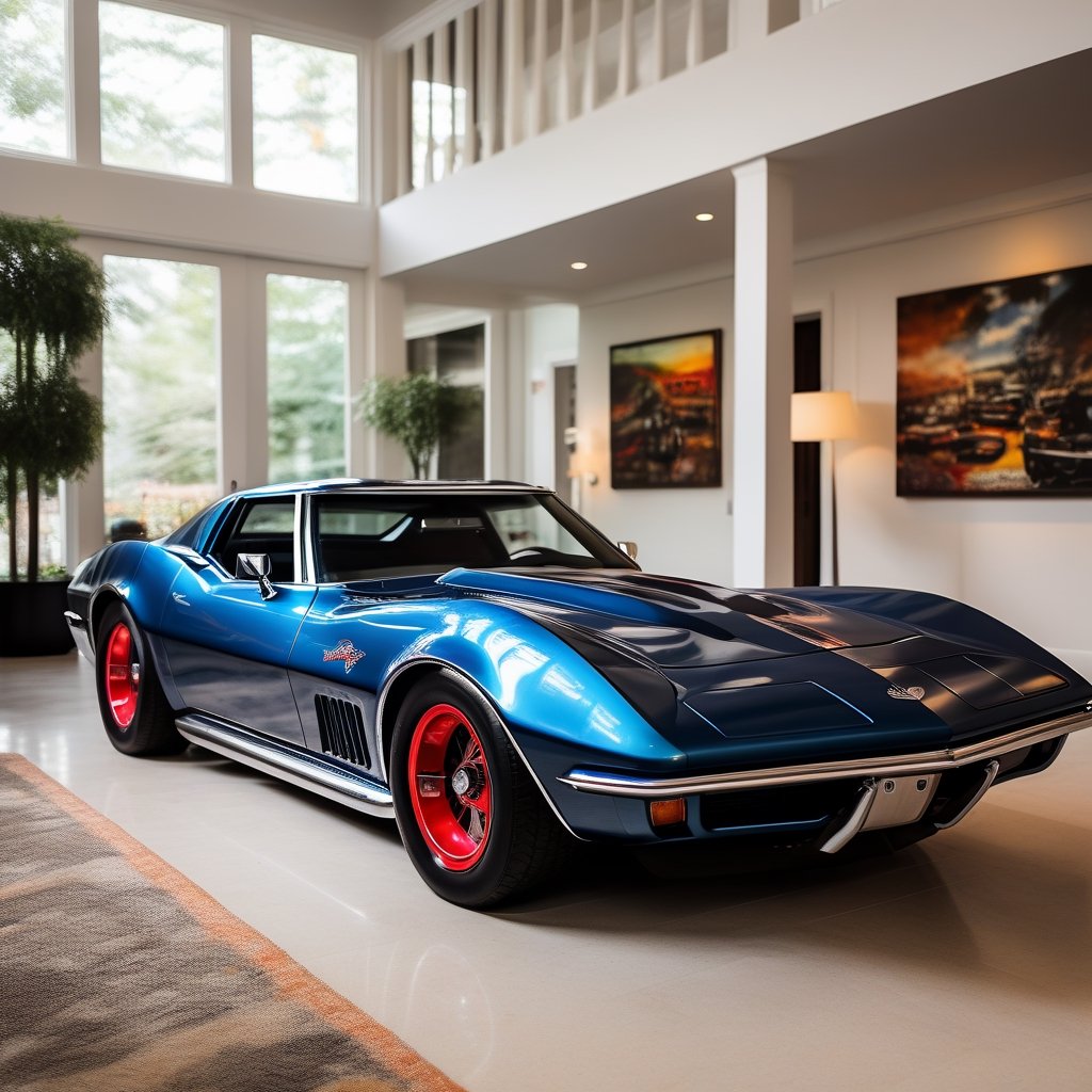 Police car Corvette stingray 1968 ,
Inside a wide large living room in a house ,c_car,APEX SUPER CARS XL 