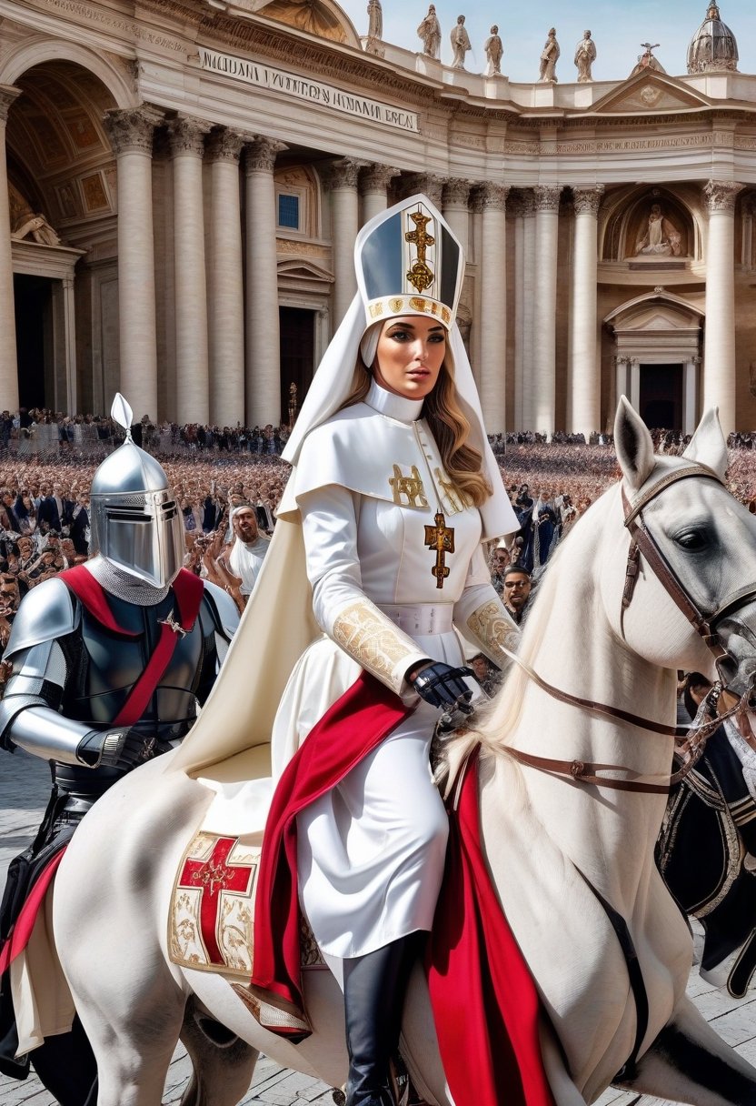 (+18) , surreal photorealistic, 
Photo of sexy (female pope)  riding a horse at the ((muslim vatican)) Square, 
proteced by sexy women dressed as knight templar ,
sex dress as riot police at the vatican, 
Muslim Stormtroopers, 
matte photo, 
 Canon 5d mark 4, kodak ektar , 
realistic 
 , art by J.C. Leyendecker