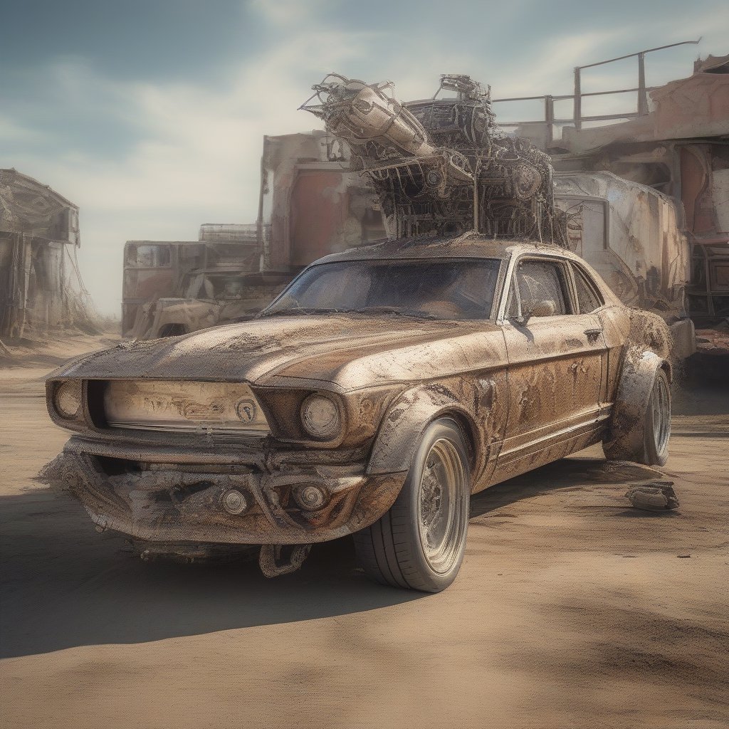 (+18) , nsfw, 

16 weels Mustang stretch limousine truck,
Surrealism ,

,action shot,steampunk style